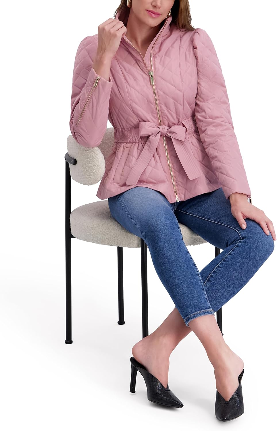 kensie Women's Outerwear Short Quilted Puffer Jacket With Puff Sleeves & Tie Belt