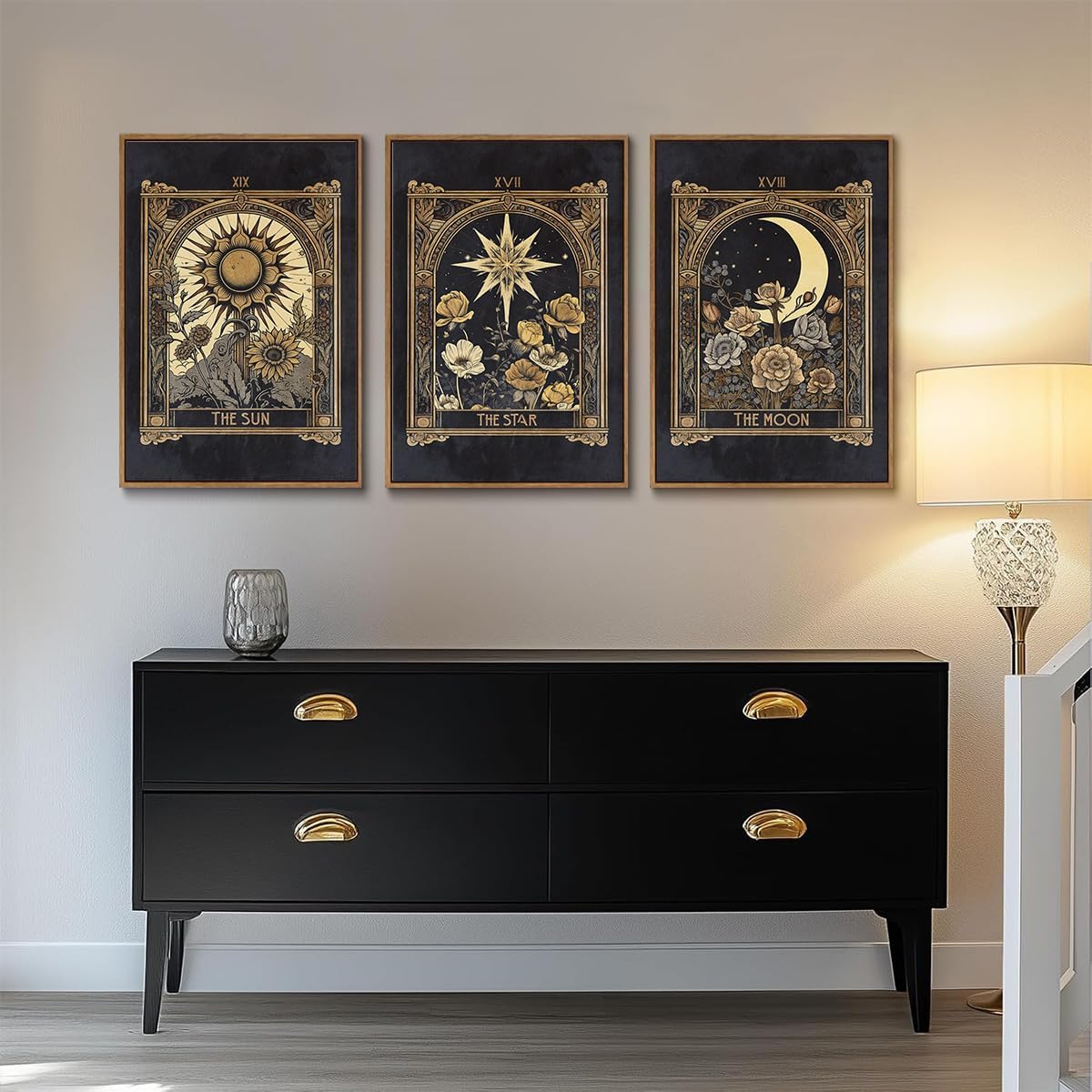 ZZTCYSU Sun and Moon Canvas Wall Art Celestial Framed Wall Art Dark Vintage Tarot Card Prints Gothic Mystical Artwork Astrology Floral Witchy Decor For Living Room Bedroom 16"x24"