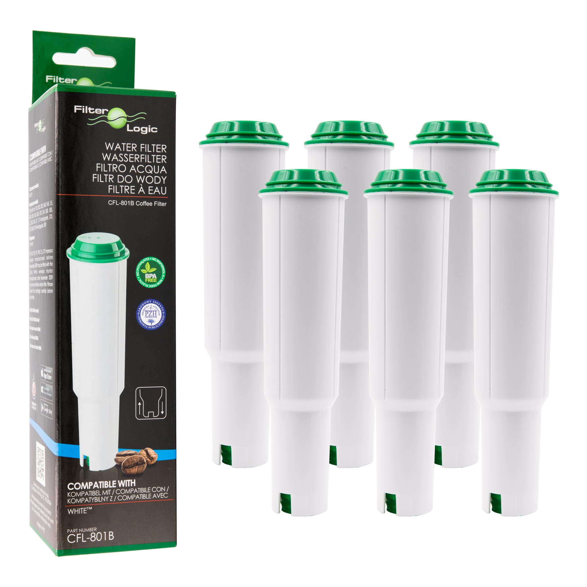 FilterLogic CFL-801B | 6x Filtro de agua compatible con JURA máquina de café espresso con WHITE 60209 68739 62911 cartucho filtrante para cafetera automática | Para máquinas automáticas Jura año de fabricación Hasta 10-2009 con filtro de agua blanco tipo