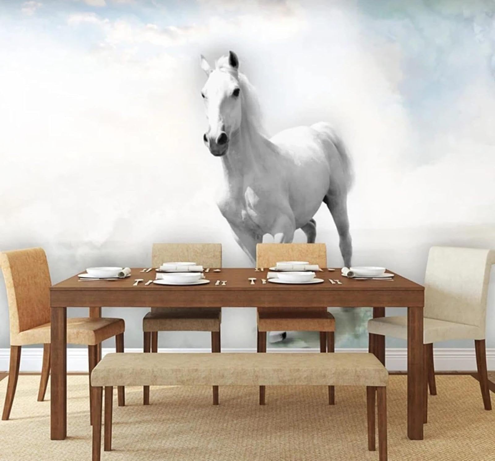 XLMING Minimalist Three Dimensional Galloping White Horse Distinctive 3D Wallpaper Silky Texture Home Study Office Grey Dining Room Sofa Bedroom Living Room TV Backdrop-400cm×280cm