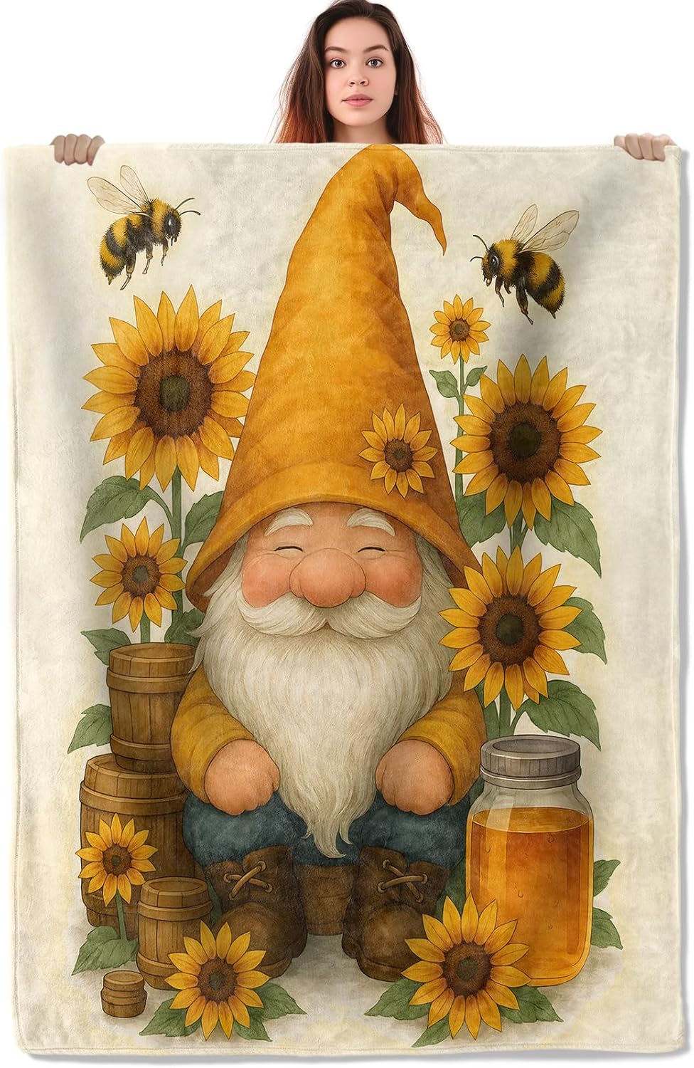 Gnome Throw Blanket, Warm Flannel Blankets Sunflower Garden with Bee Honey Barrel Leaf and Flower, Vintage Nature Decor and Gifts, Soft Cozy Throws, 50"X60" for Bedroom Couch Travel Office