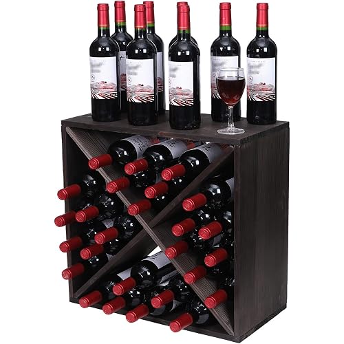 Wine Rack Cabinet countertop Wooden Stackable Storage Retro Cube 24 Bottles freestanding Floor Wine Holder Stand (Black)