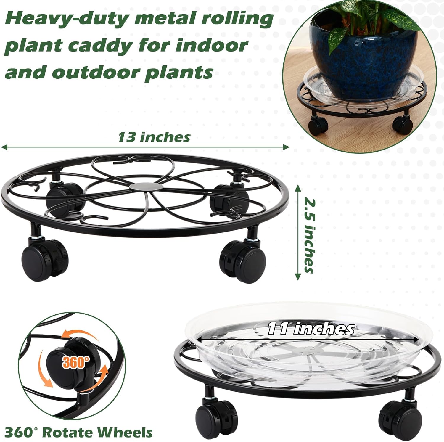 5 Packs 13 inches Large Metal Plant Caddy with Wheels Round Planter Dolly Pot Mover Rollers Wrought Iron Rolling Plant Stands Indoor Outdoor Wheeled Plant Holder Coaster Trolley, Black