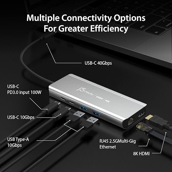 j5create USB4 8K Multi-Function Hub - 8K60/4K144 HDMI, 2.5G Ethernet, PD Charging, 10Gbps USB-A, 10Gbps USB-C Ports | Compatible with MacBook, Windows, Thunderbolt 3/4, and USB4 Devices (JCD403)