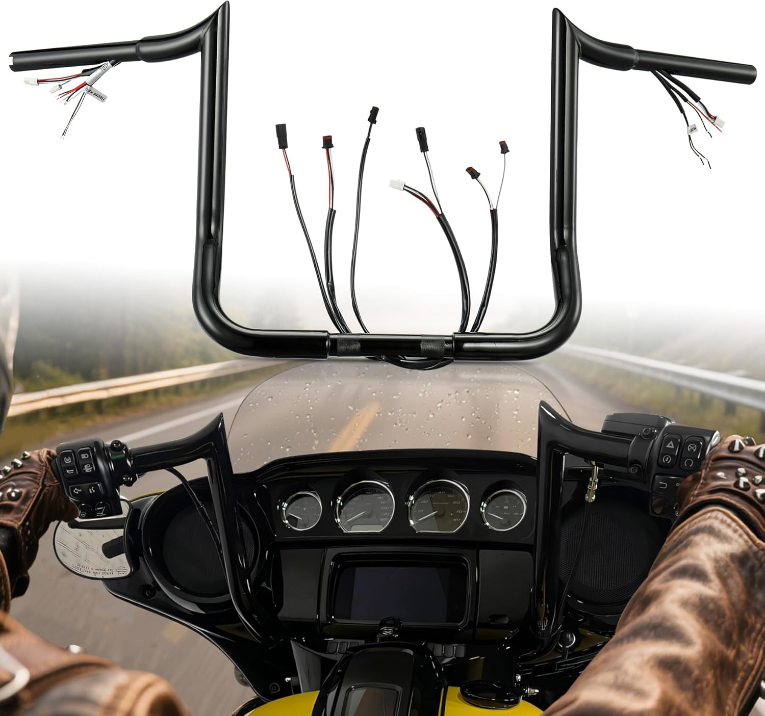Black PRE-WIRED 14" Meathook Monkey Bar 1 1/4" Bagger Apes Handlebars with Heated Grip Wires for Harley Miter Cut 2016-2023 Street Glide/Electra Glide/Ultra Limited