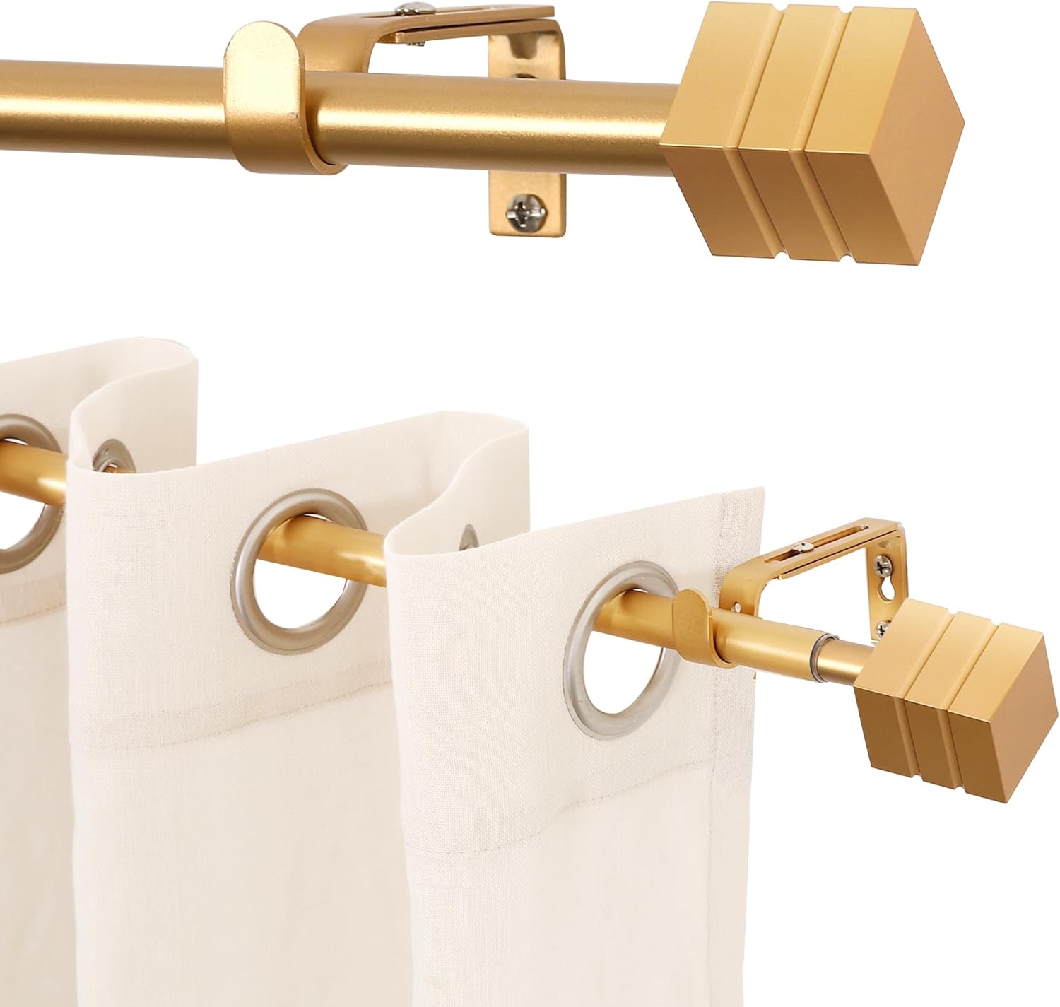 Turquoize 2 Pack Curtain Rods for Windows 48 to 86 Inches Splicing Adjustable Curtain Rods For Bedroom With Gold Lines Square Finials 3/4 Inch Diameter Single Curtain Rods, 2 Pack, (Brass, 48-86)