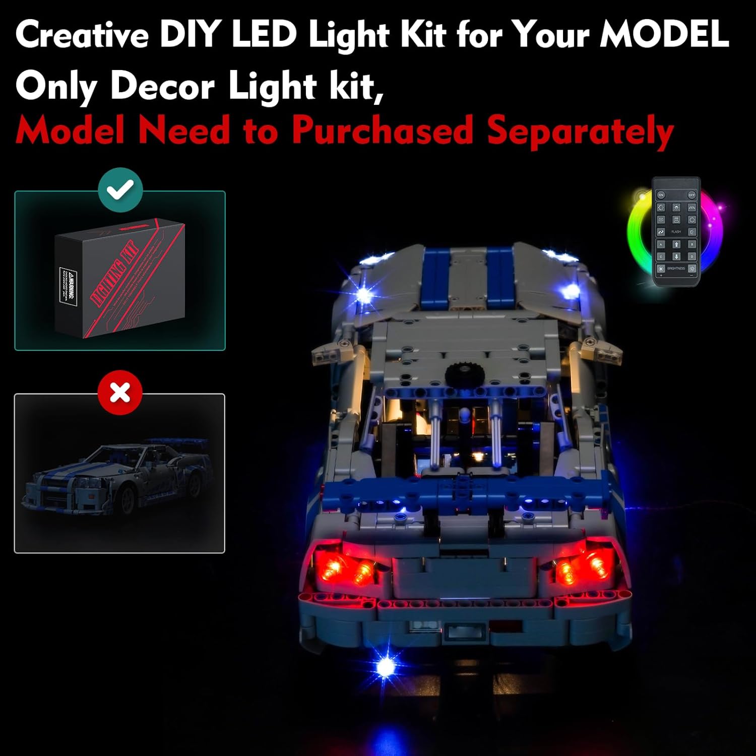 RC Light kit Compatible with Lego 42210 2 Fast 2 Furious Nissan Skyline GT-R (R34) Car - No Model Only Light, LED Lighting Accessories Compatible with Lego 42210 (RC Version)