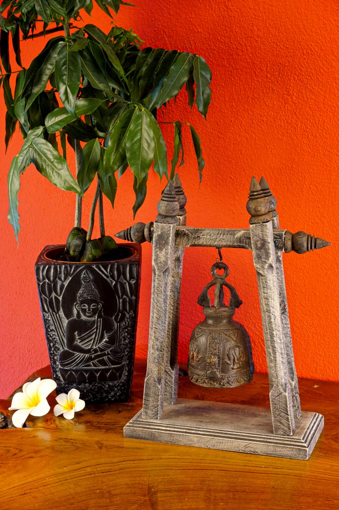 Cloche temple avec trépied - Cloche en bronze - Bois massif - Décoration thaïlandaise - Trépied de 30 cm