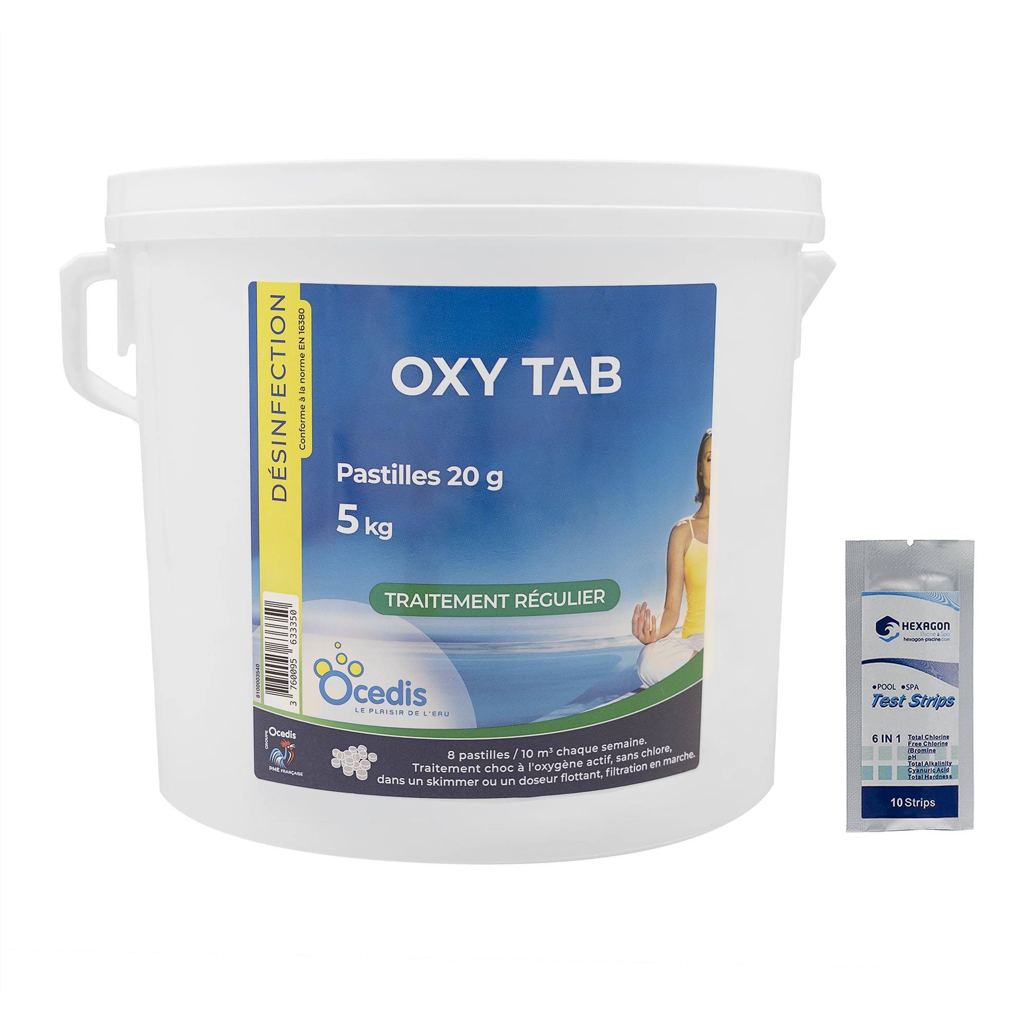 OCEDIS OXY Tab 20 Pastilles 20g - 5kg | Désinfection Régulière et/ou Choc sans Chlore - Oxygène Actif Choc - Activateur de Brome - Dissolution Rapide + 10 Tests HPS OFFERTS 6 en 1