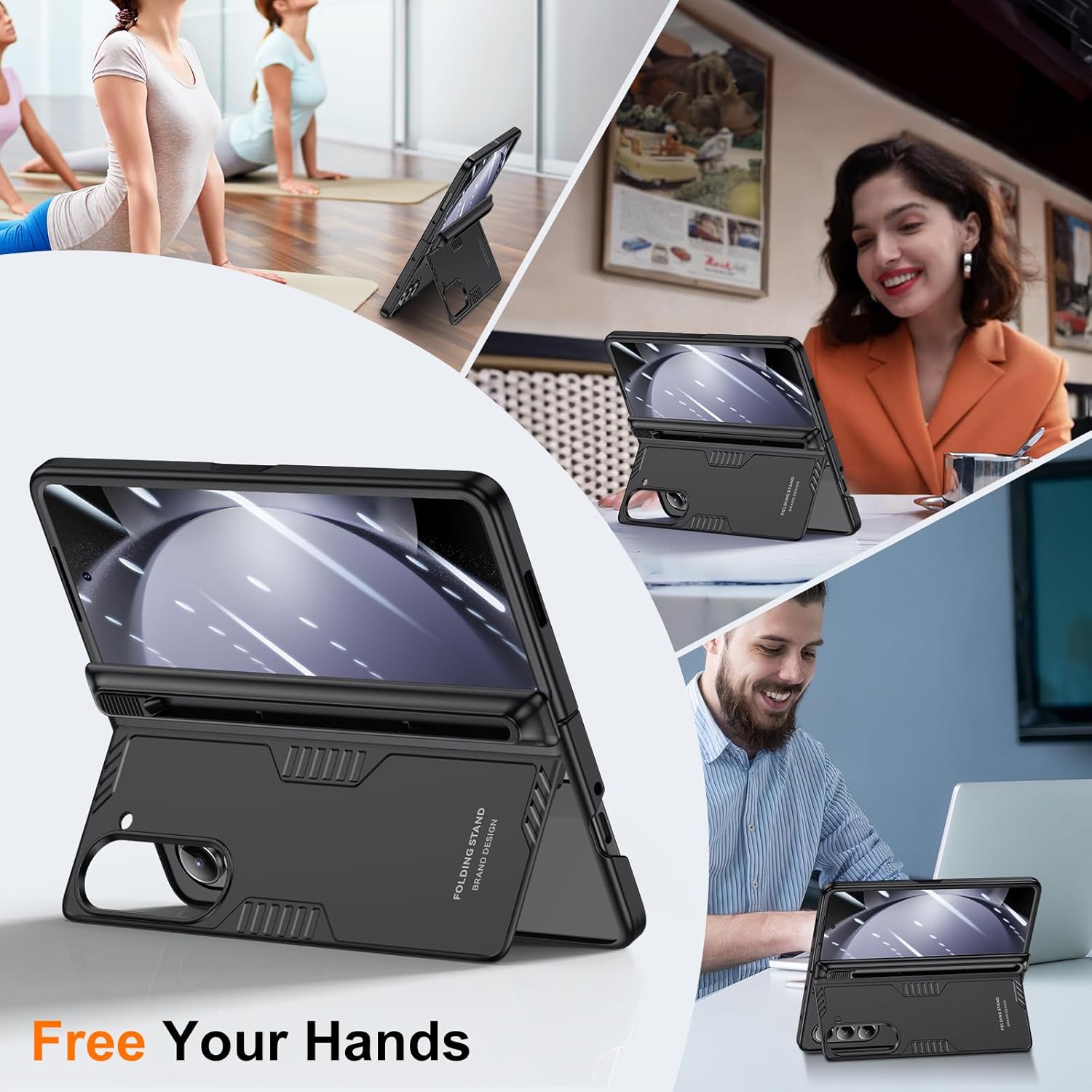 for Samsung Galaxy Z-Fold-5 Stand Case: with Slim S Pen Holder (Not Include Pen), Built-in Screen Protector, Hidden Kickstand, Hinge Protection, Wireless Charging for ZFold 5 Phone Cover (Black)