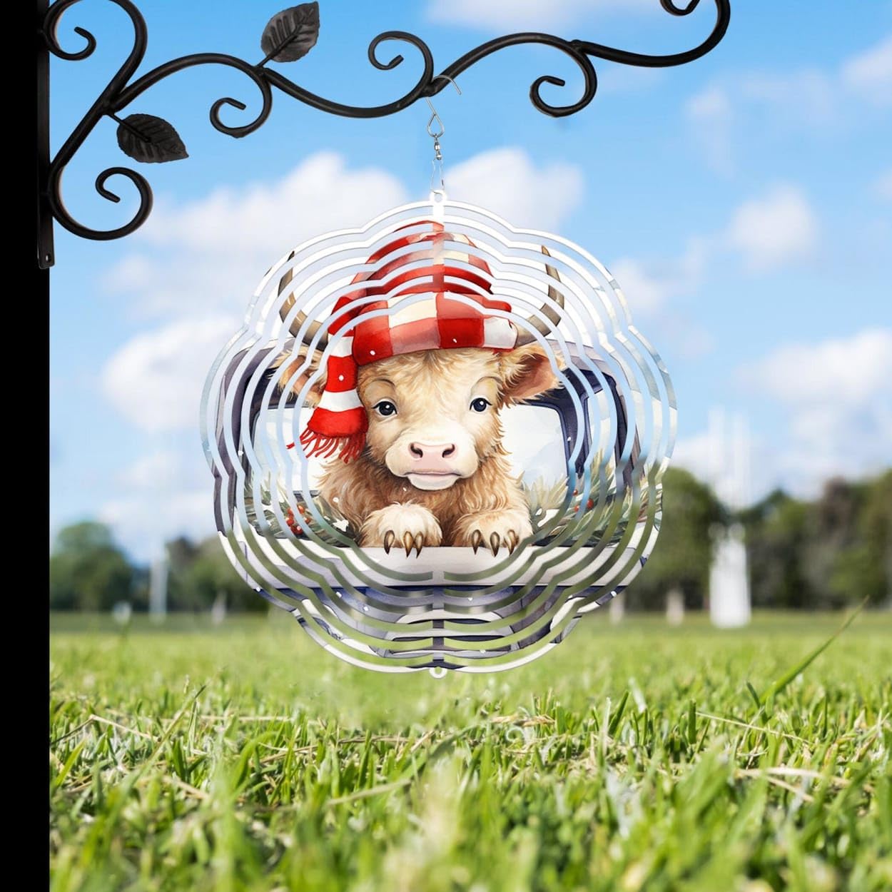 Highland Cow with Truck Christmas Wind Spinners 3D Stainless Steel Laser Cut Metal Double Sided Printing-Hanging Indoor/Outdoor Decorations Yard Gardening Decor,Metal Kinetic Art 14x14 inches