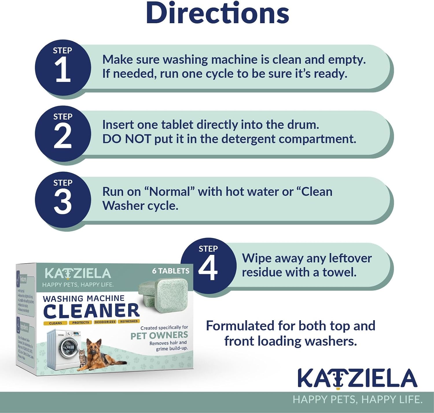 Katziela Washing Machine Cleaner Tablets – 6 Pack (3-Month Supply) – Loosens Pet Hair & Eliminates Odors – Fragrance-Free Enzyme Formula – Safe for All Washers – HE Compatible & Septic Safe