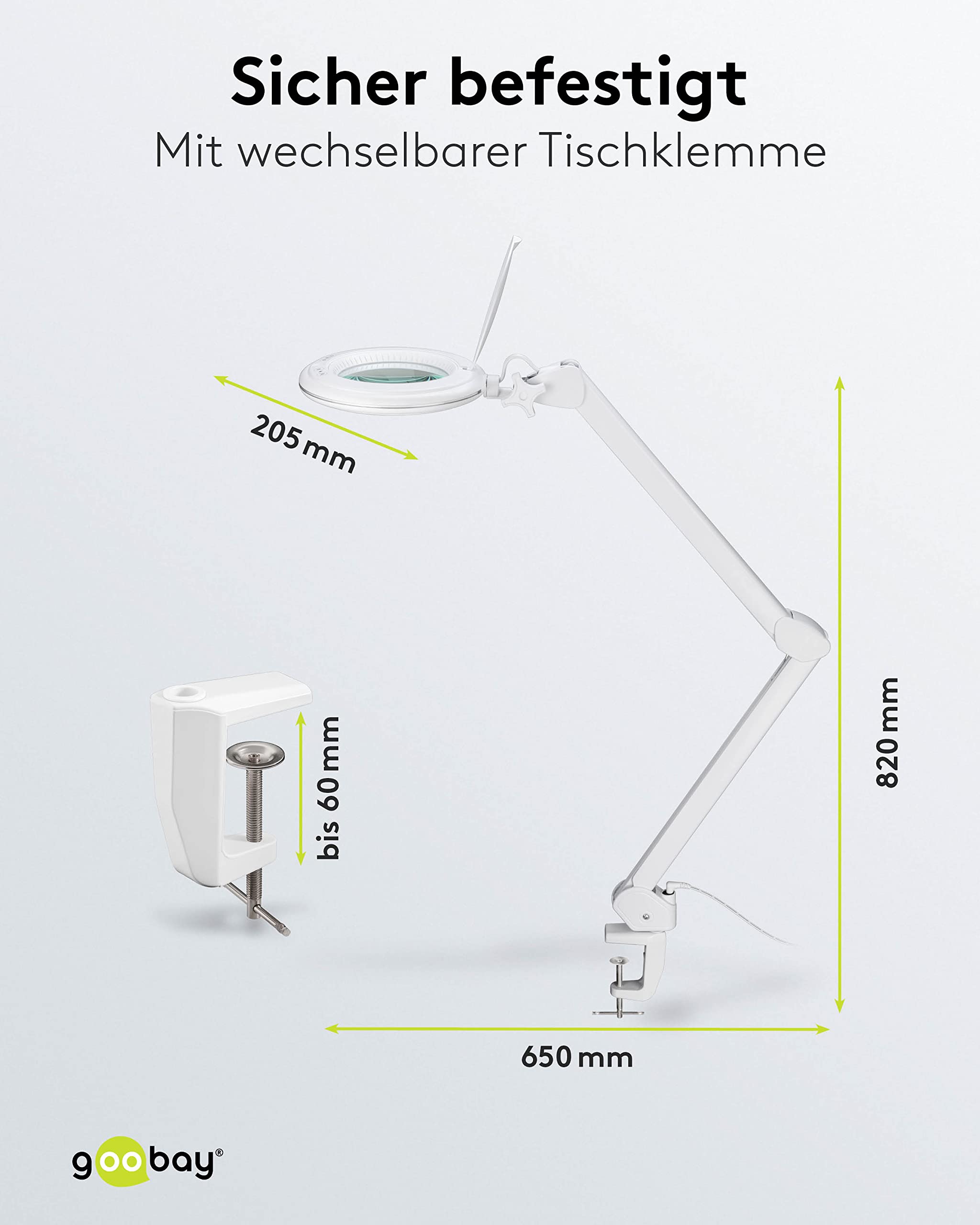 goobay 60364 LED lampa z lupą z zaciskiem/lampa z lupą z tworzywa sztucznego/pobór mocy 10 W/strumień świetlny 800 lm/napięcie robocze 230 V (AC) / biała