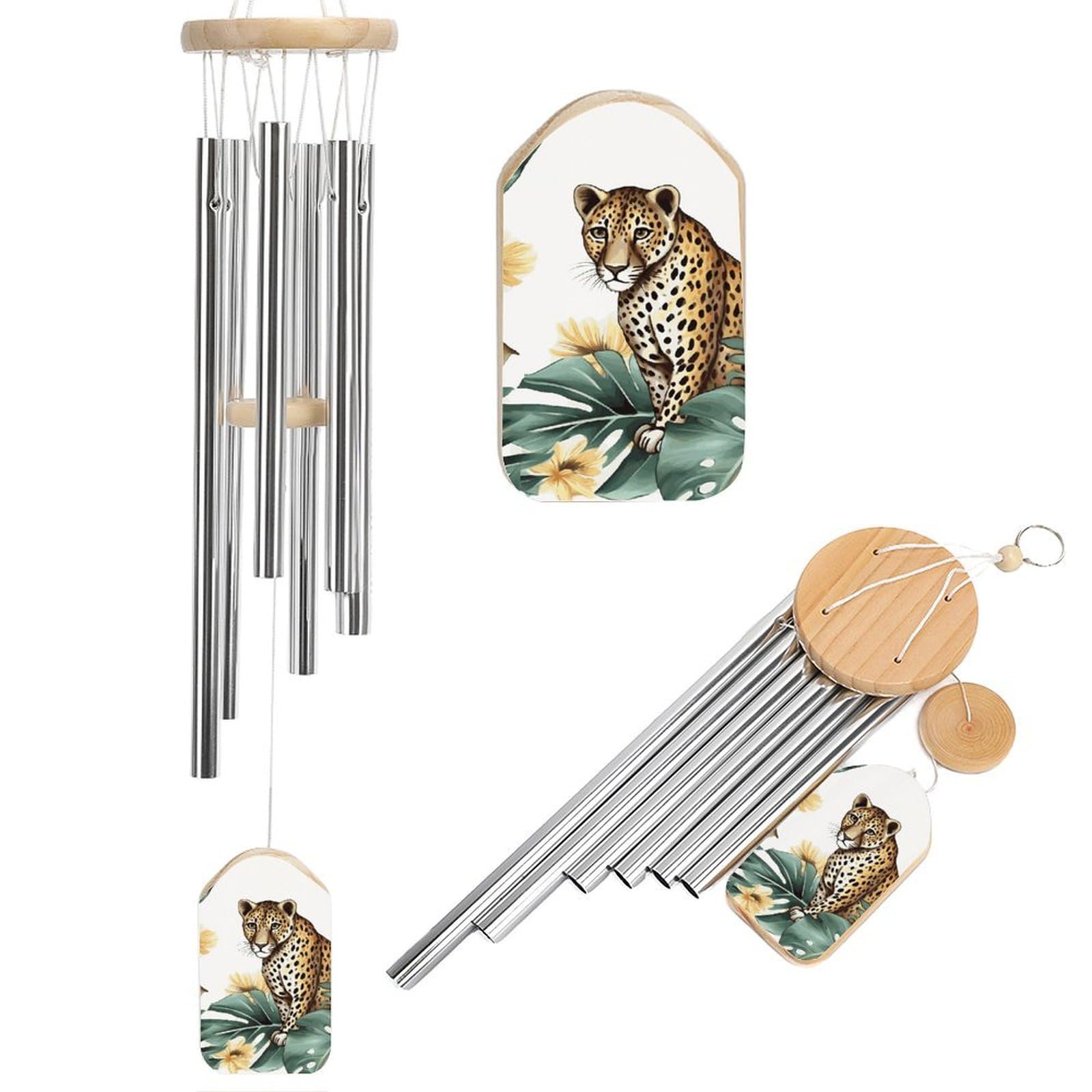 Leopard and Palm Leaves Wind Chime 20.5" Aluminium Wind Chimes Outdoor Garden Patio Decoration Windchime Memorial Gifts Windchimes for Men and Women