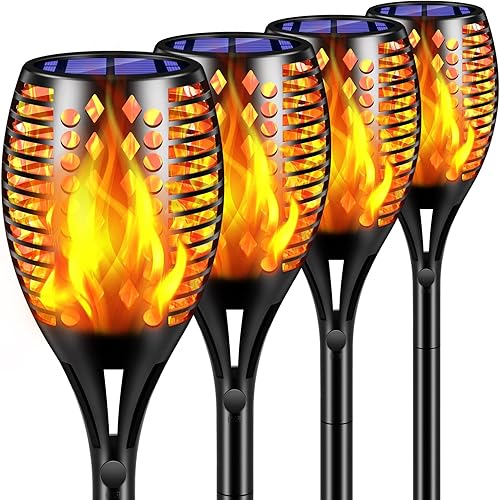 TomCare Solar Lights, 43" Waterproof Flickering Flames 96 LED Torches Outdoor Landscape Decoration Lighting Auto On/Off Pathway Lights for Garden Patio Yard, Black(4)