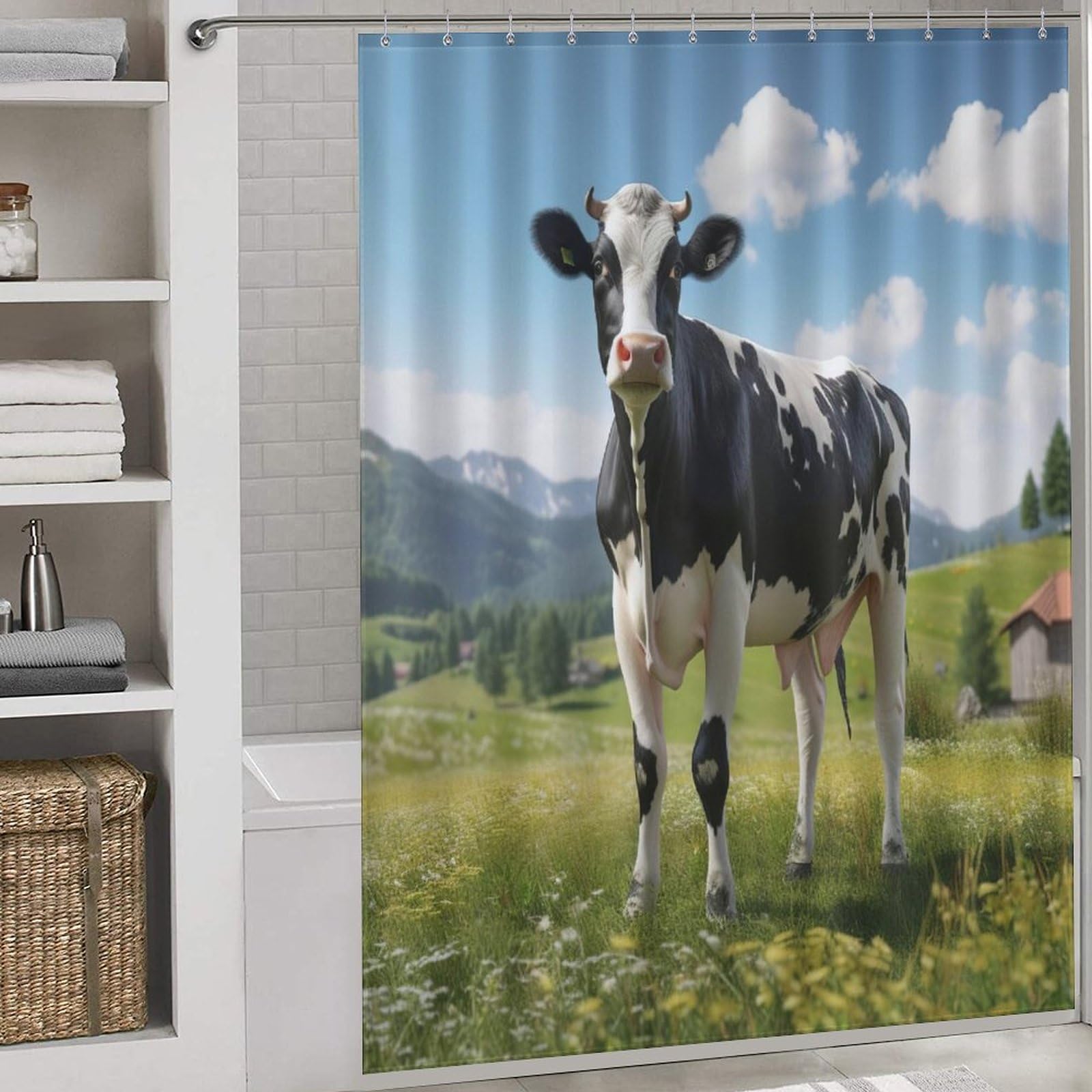 Rideau de douche étanche et lavable motif vache en polyester séchage rapide pour salle de bain