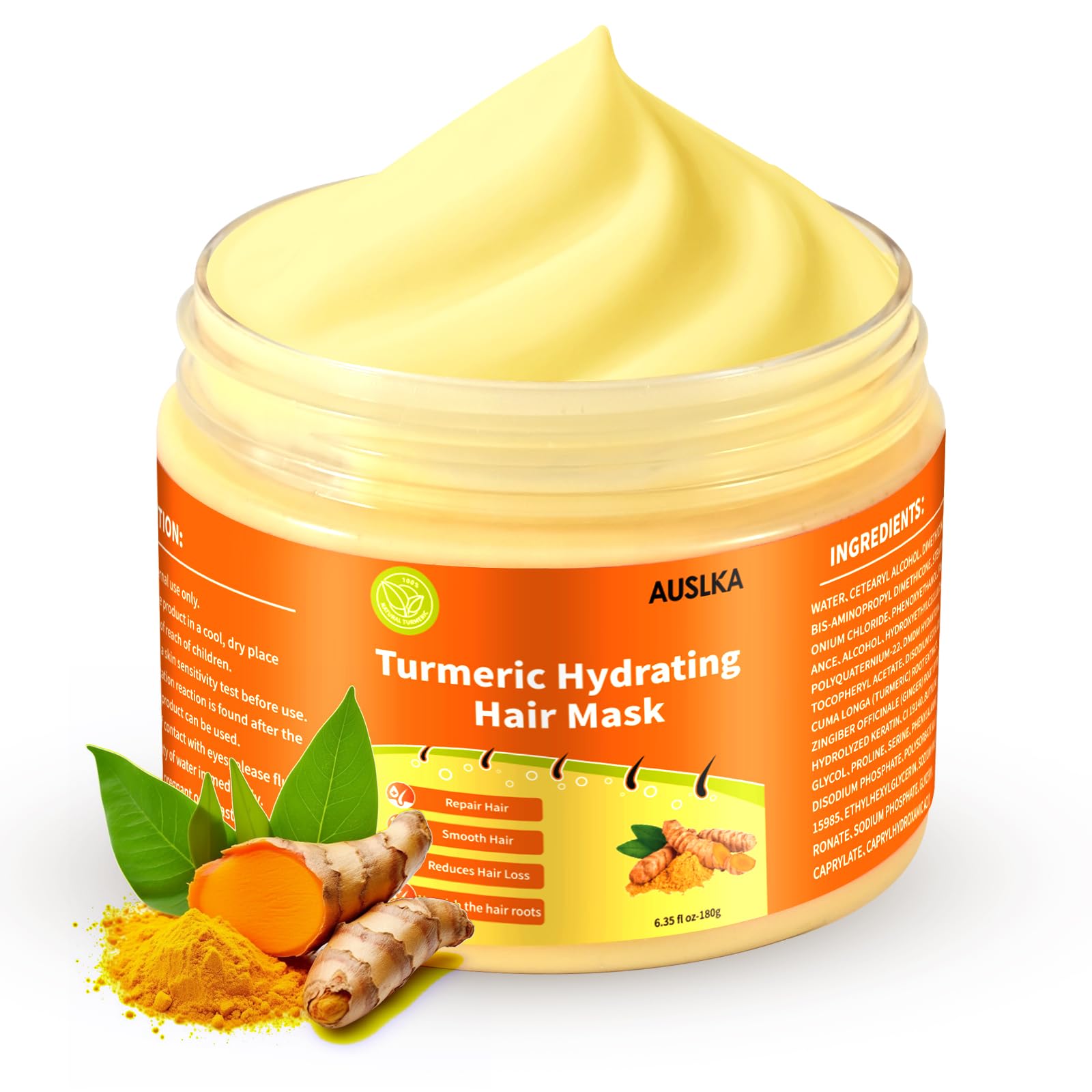 AUSLKA Turmeric Hair Treatment Mask, Protein Hair Treatment Mask Contain Hydrolyzed Keratin and Turmeric Root Extract, Deep Repair Nourishing Curcumin Essence for Dry Damaged Hair