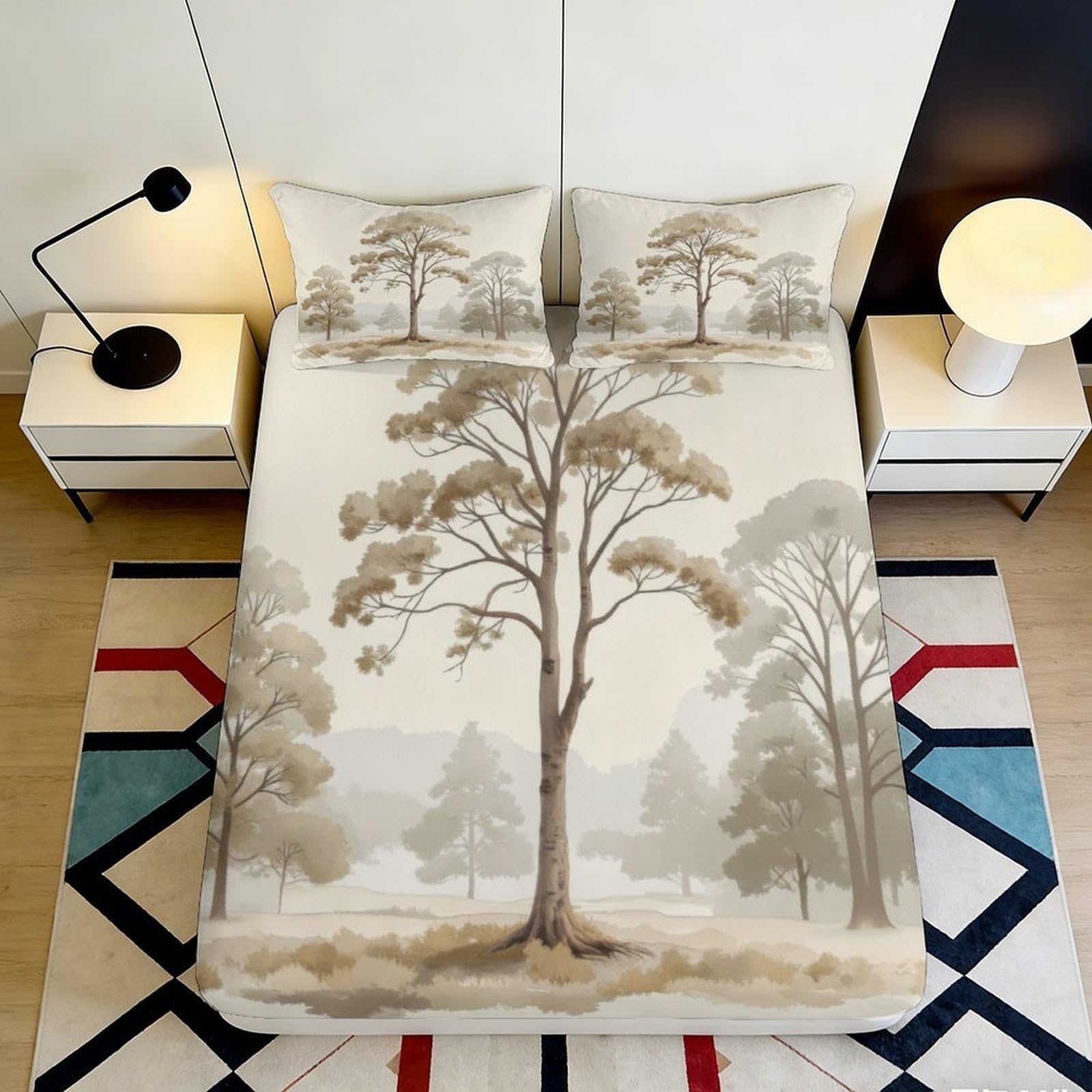 3D Printed Tree Landscape Fitted Sheet Microfiber Soft Breathable Forest Scene Bed Cover for Bedroom Dormitory Guest Room Mattress Protection Decor 120x200x25cm