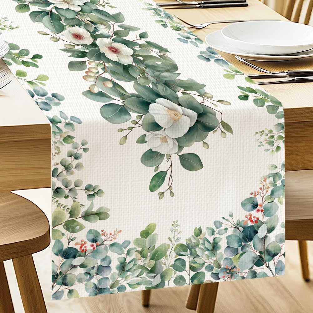Chemin de table printanier eucalyptus et fleurs 33x182 cm pour table de salle à manger