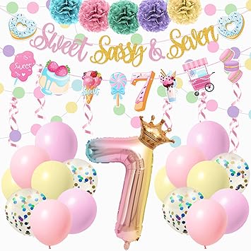 Sweet Sassy And Seven Birthday Decorations- 41Pcs Pink Birthday Decorations With Donut Banner Sweet Cake Topper 7th Foil Balloon, 7th Party Decor for Girls, Ice Cream Party Supplies