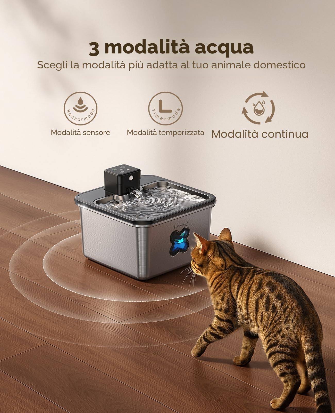 FEELNEEDY Fontanella per Gatti senza Fili, 3.2L Fontana per Gatti Acciaio Inox con Sensore di Movimento, Lavabile in Lavastoviglie, Visualizzazione del Filtro, 4000 mAh Batteria | FEELNEEDY Fontana trasparente per animali domestici, a batteria, sensore di
