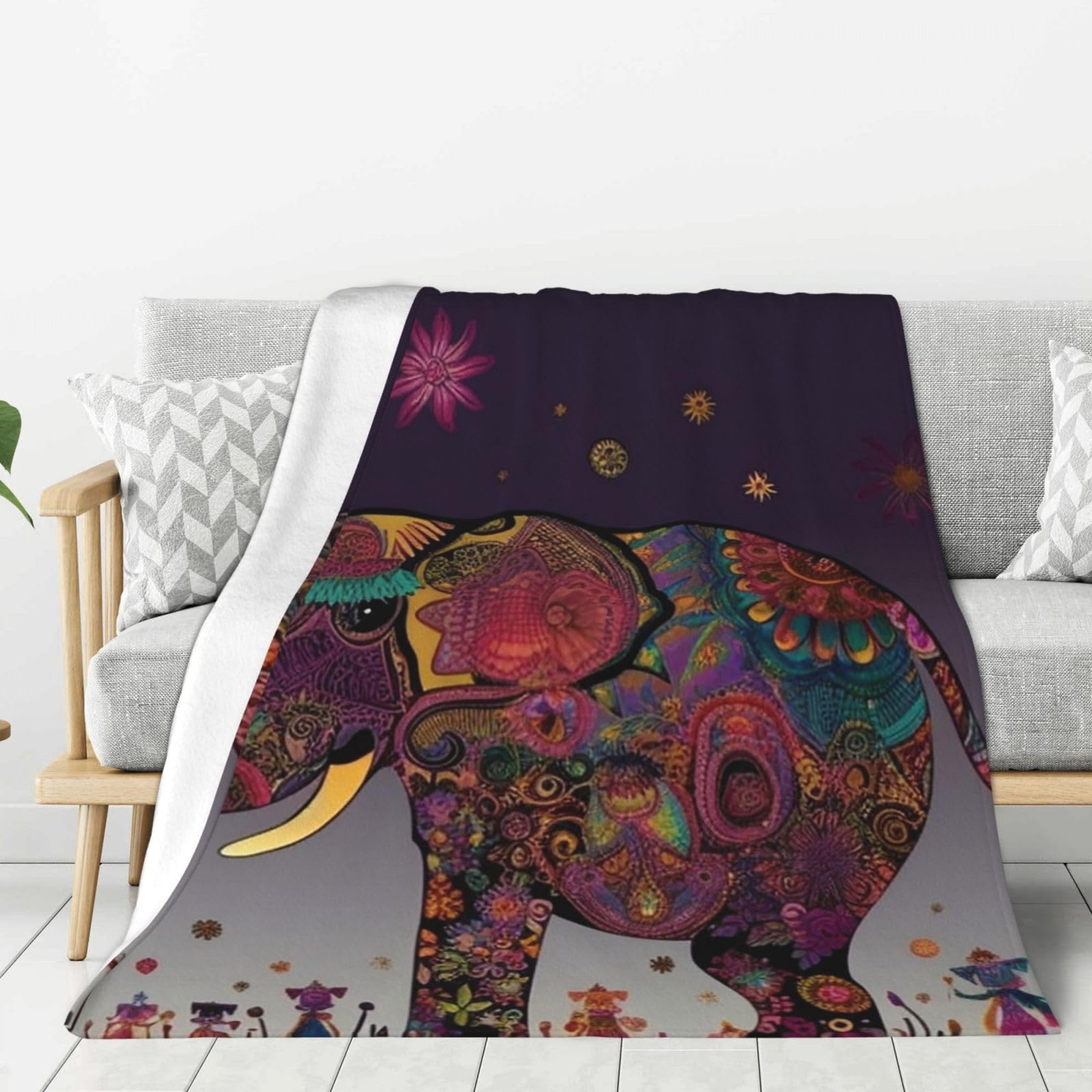 Colorful Tribal Floral Elephant Throw Blanket Plush Flannel Fleece Blanket, Soft Lightweight Cozy Blankets 60"X50" for Bed Couch Sofa Travel