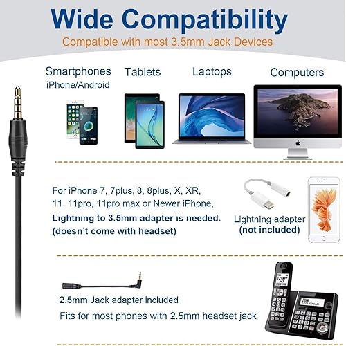 Miniatura 6 de Wantek Auriculares para teléfono celular con micrófono con cancelación de ruido, auriculares de computadora con cable de 0.138in para iPhone,