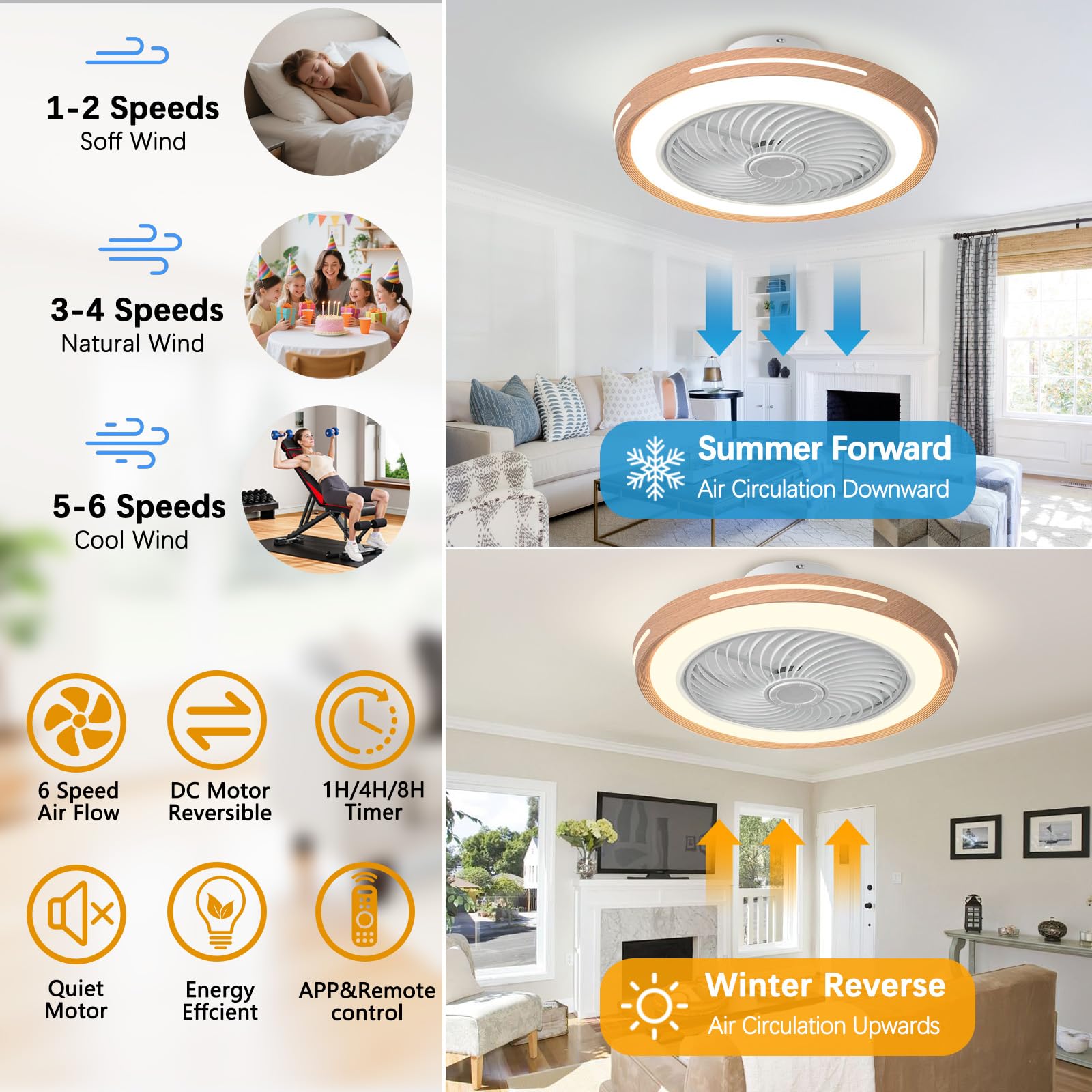 Ventilatore da Soffitto con Luce e Telecomando Finto legno 50cm-A | Silenzioso LED Dimmerabile Plafoniera con Ventilatore DC Reversibile Lampadario con Ventola per Camera da Letto Soggiorno