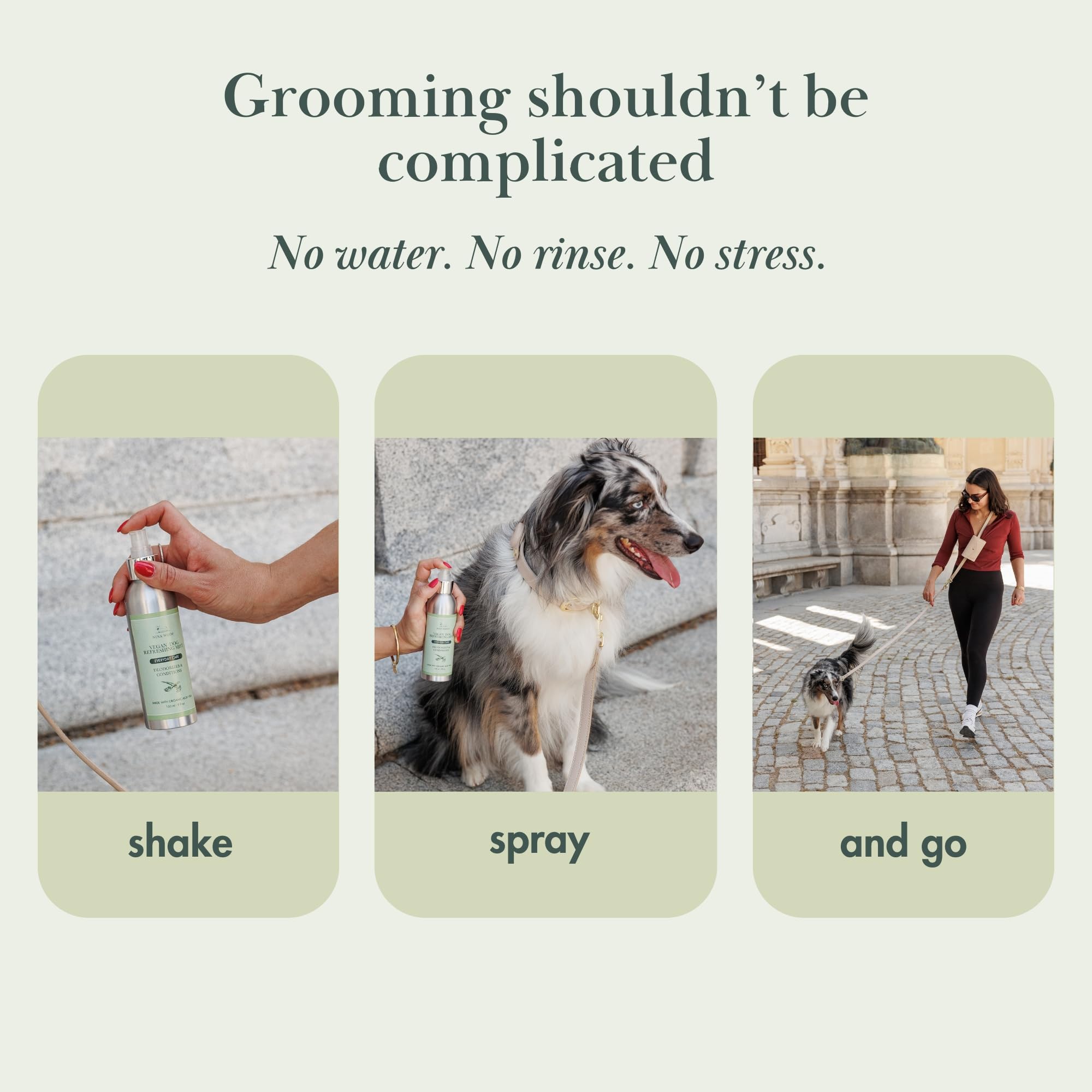 Spray désodorisant vegan pour chien Nina Woof – neutralise les odeurs, rafraîchit & démêle le pelage – pH équilibré – 150 mL