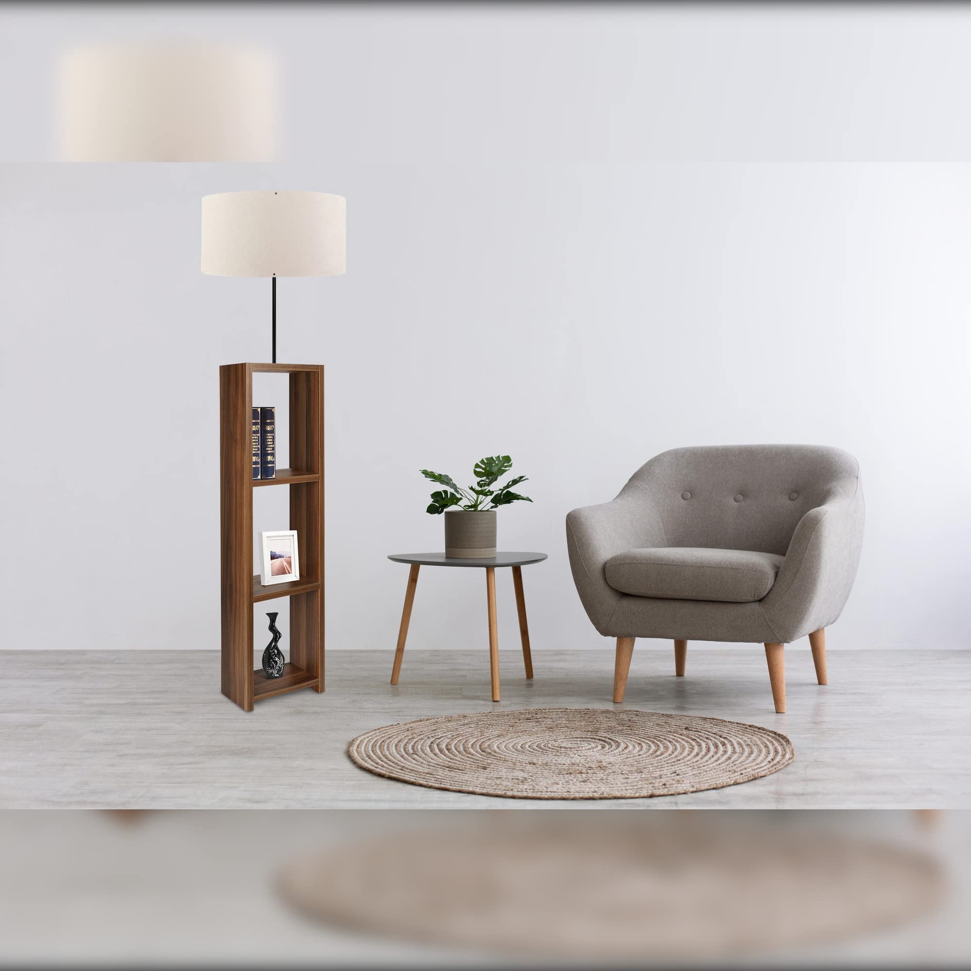 LÁMPARA DE PIE ESTANTE, NOGAL CON PANTALLA 100% MDF, CREMA, COLECCIÓN VICTORIA, 38X38X140, CASQUILLO E 27 MAX 60 W