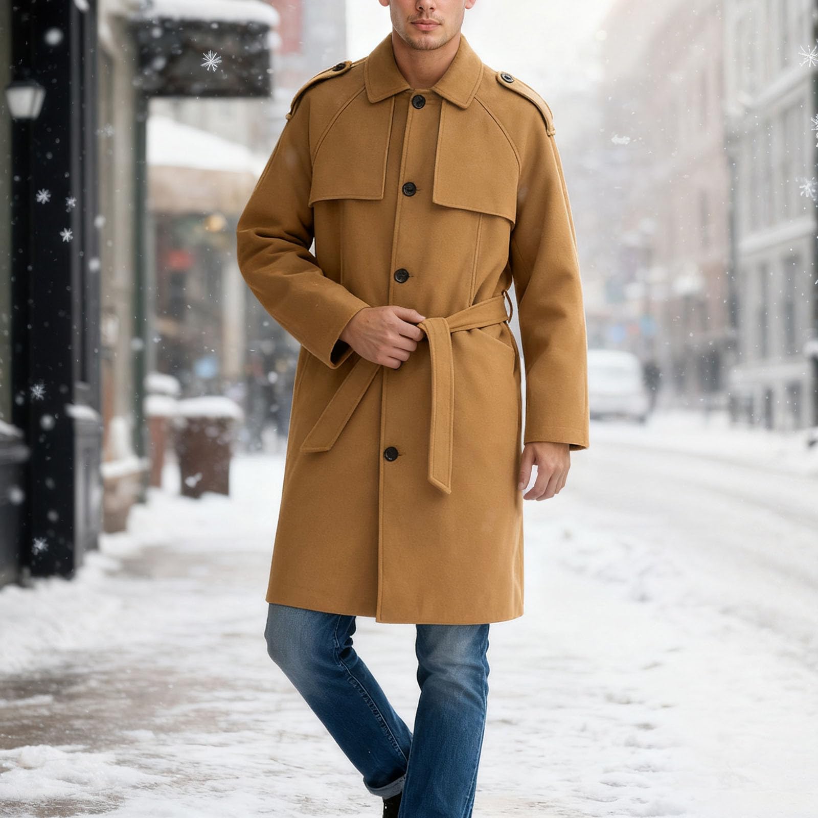 Cappotto di lana da uomo in stile trench - Elegante cappotto invernale lungo con cintura | Cappotto classico da lavoro per autunno e inverno
