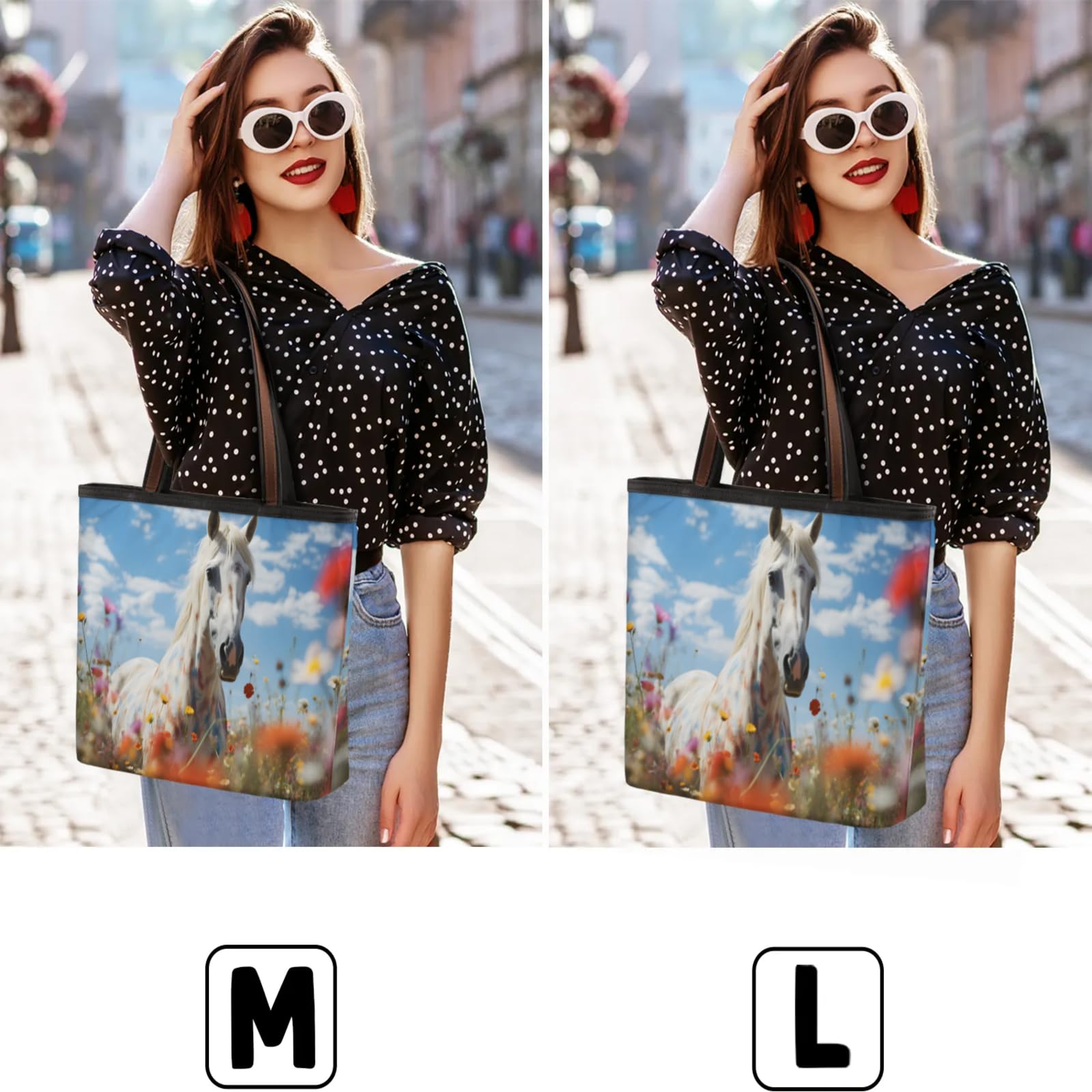 White Horses Flower Fields Tote Bag Multi Pocket Zippered Beach Bag Lightweight Waterproof Handbag for Women Men Work Gym Travel Swimming Yoga Grocery Shopping M