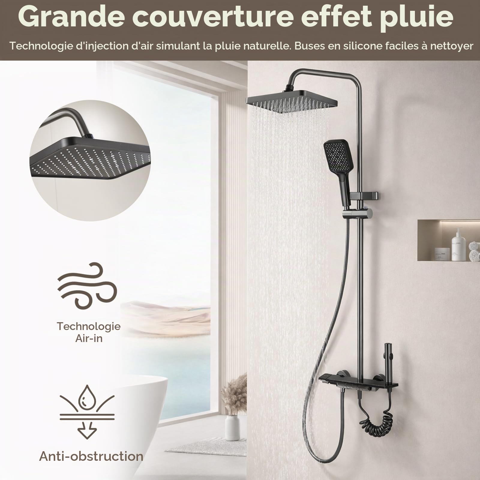 Colonne de Douche 4 en 1, Système de Douche à Touches Piano, Colonne de Douche Réglable en Hauteur Intégrant une Douchette Hygiénique, avec Douchette à Main et Robinet, Baignoire Cascade