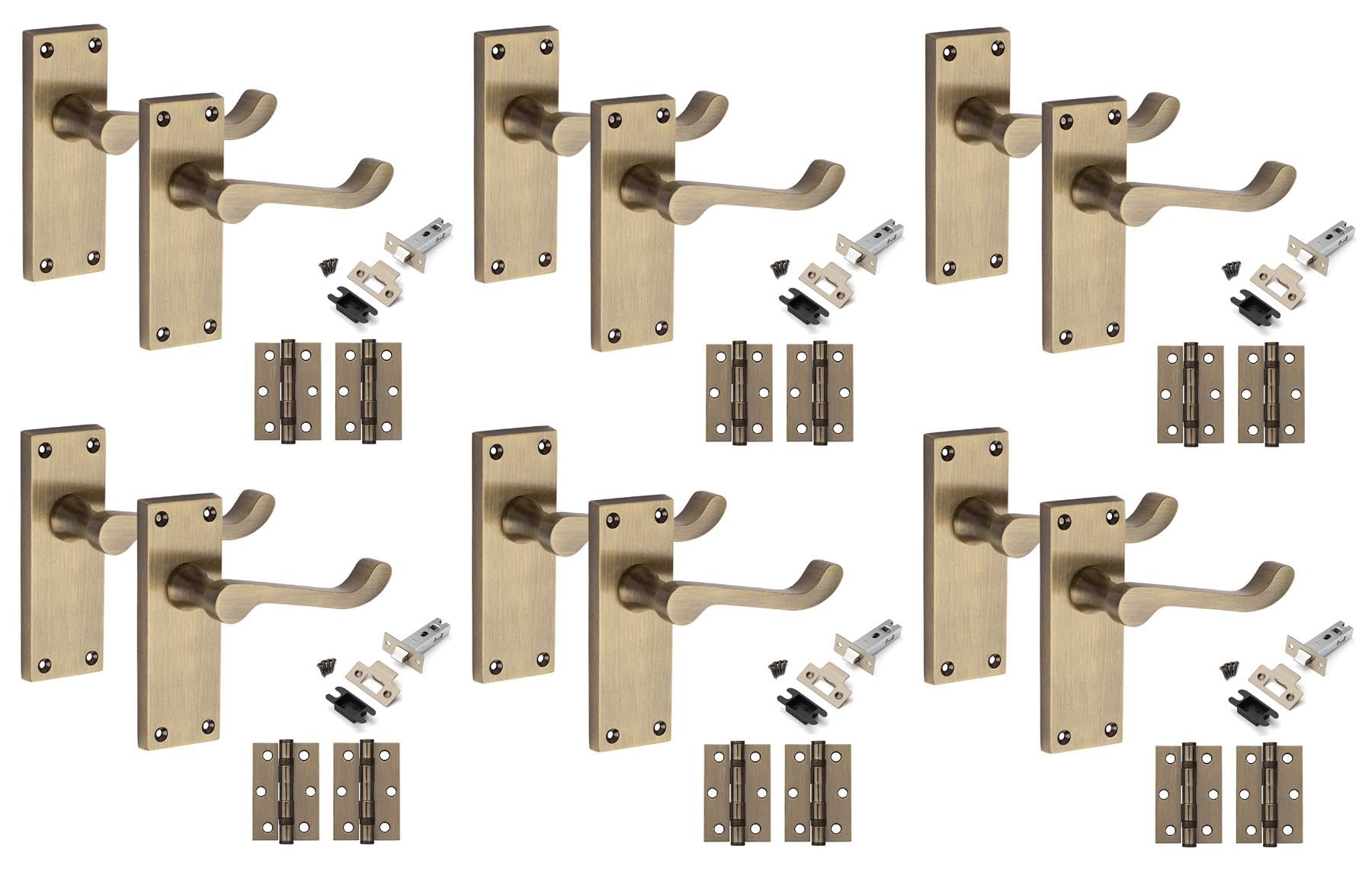Golden Grace Antique Brass 6 Pairs Victorian Scroll Latch Door Handle 120 X 40Mm With 2.5" Latches & Hinges