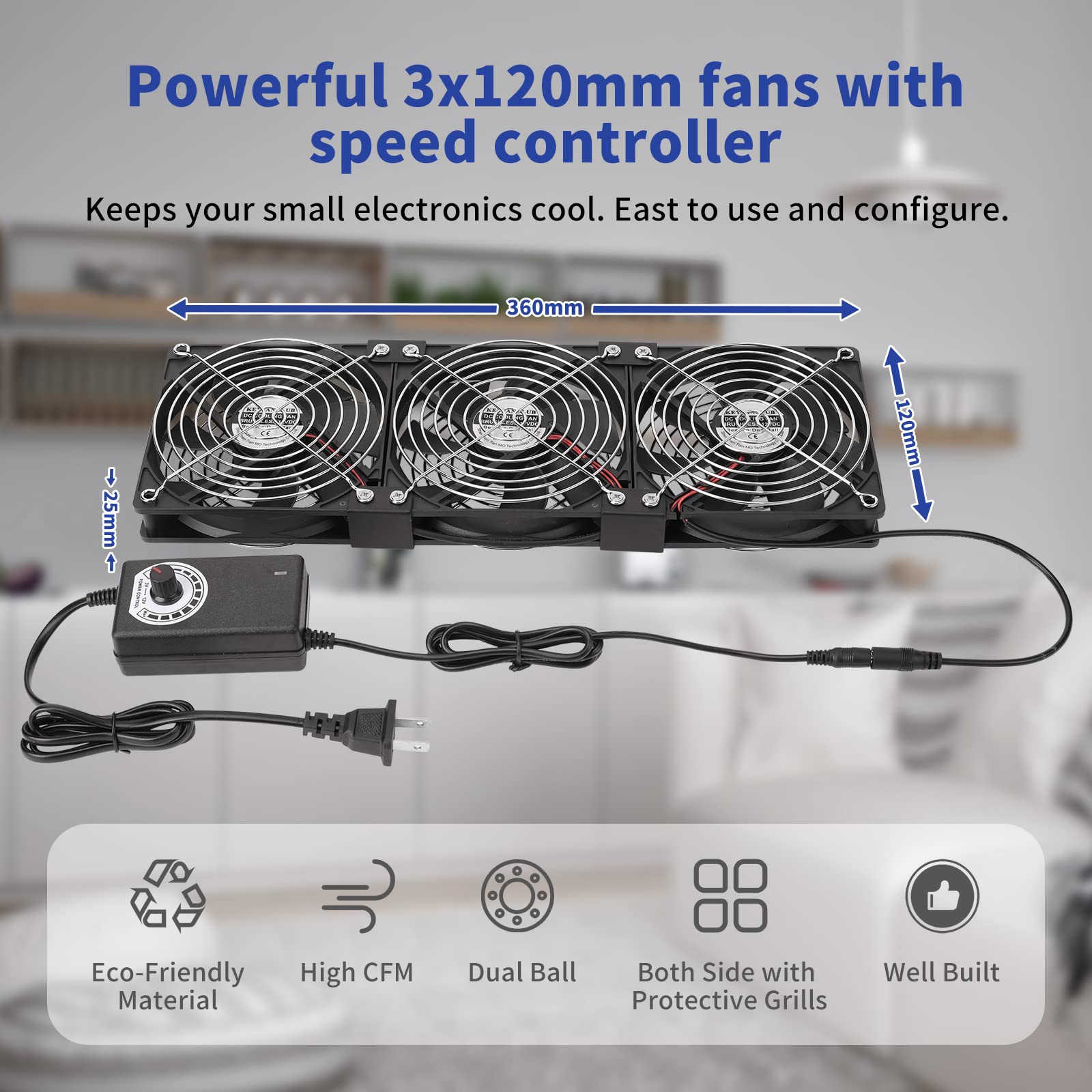 3 ventiladores de computadora de 120 mm y 12 V con controlador de velocidad de CC a CA de 110 V a 240 V, refrigeración para ventana, gabinete, chasis, máquina, servidor, estación de
