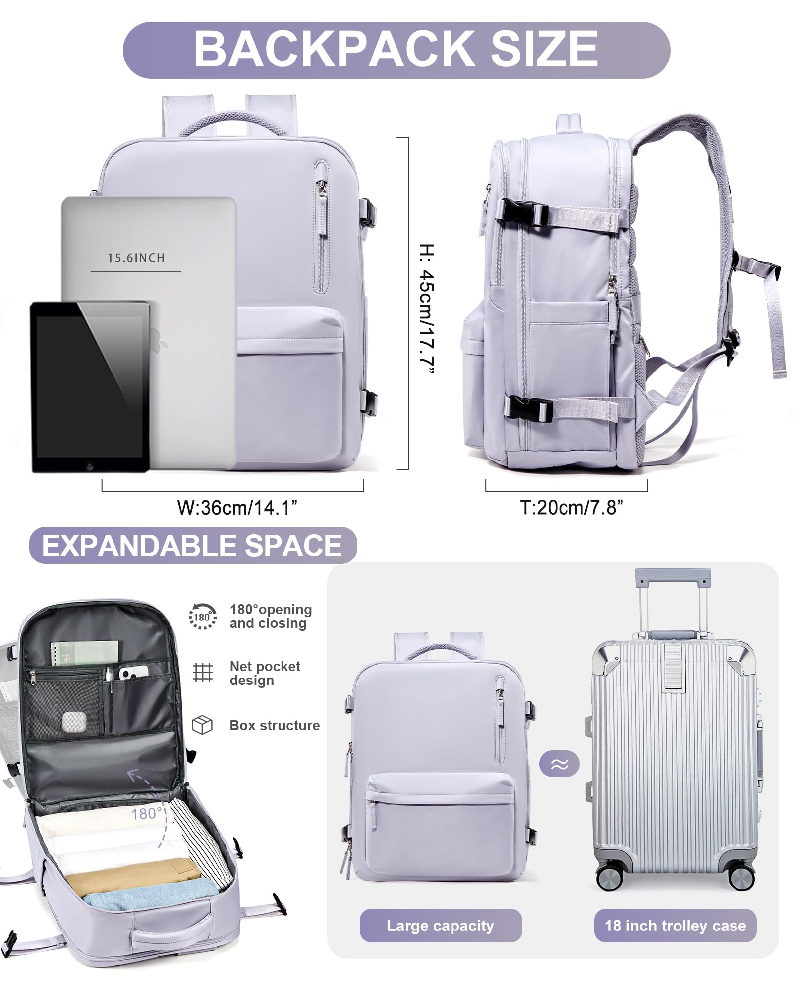 Zaino da Viaggio per Easyjet 45x36x20 Bagaglio a Mano Zaino Borse da Cabina per Easyjet Il Sedile Zaino Aereo Bagaglio a Mano Donna Borsa Cabina Viaggio Zaino Travel Viaggio Casual Daypack,Taro viola