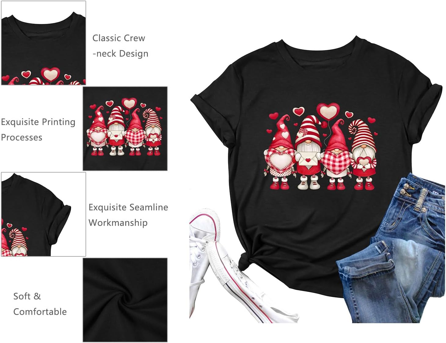 Valentine's Shirt for Womens Cute Gnomes Love Heart Printed Tees Short Sleeve Graphic Tops - Image 5