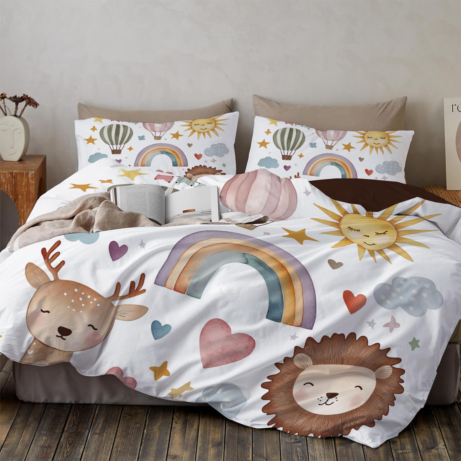 Parure de lit 220x240cm motif cerf et lion avec 2 taies d'oreiller