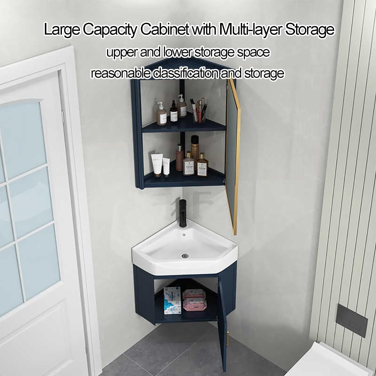 Space-Saving Corner Bathroom Vanity with Wall-Mounted Ceramic Sink & Mirror Cabinet, Compact Freestanding Design for Small Bathrooms, Modern & Stylish Solution