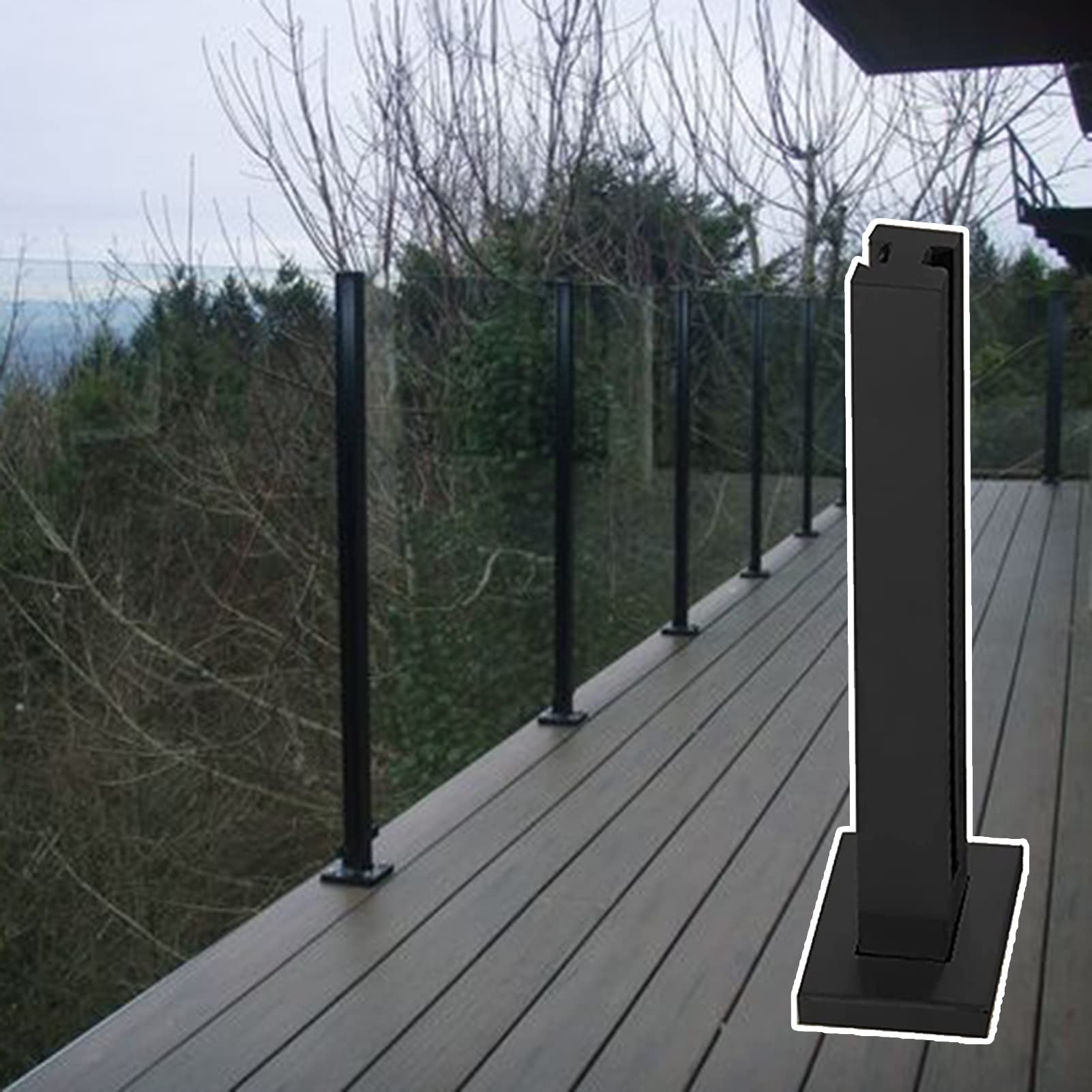 GJZNJYL Black Glass Railing Post for Outdoor Balconies, Square Handrail Fence Pole for Concrete/Wood Floors, 43.3in Safety Balustrade (Color: Black Mid Post, Height: 110cm)