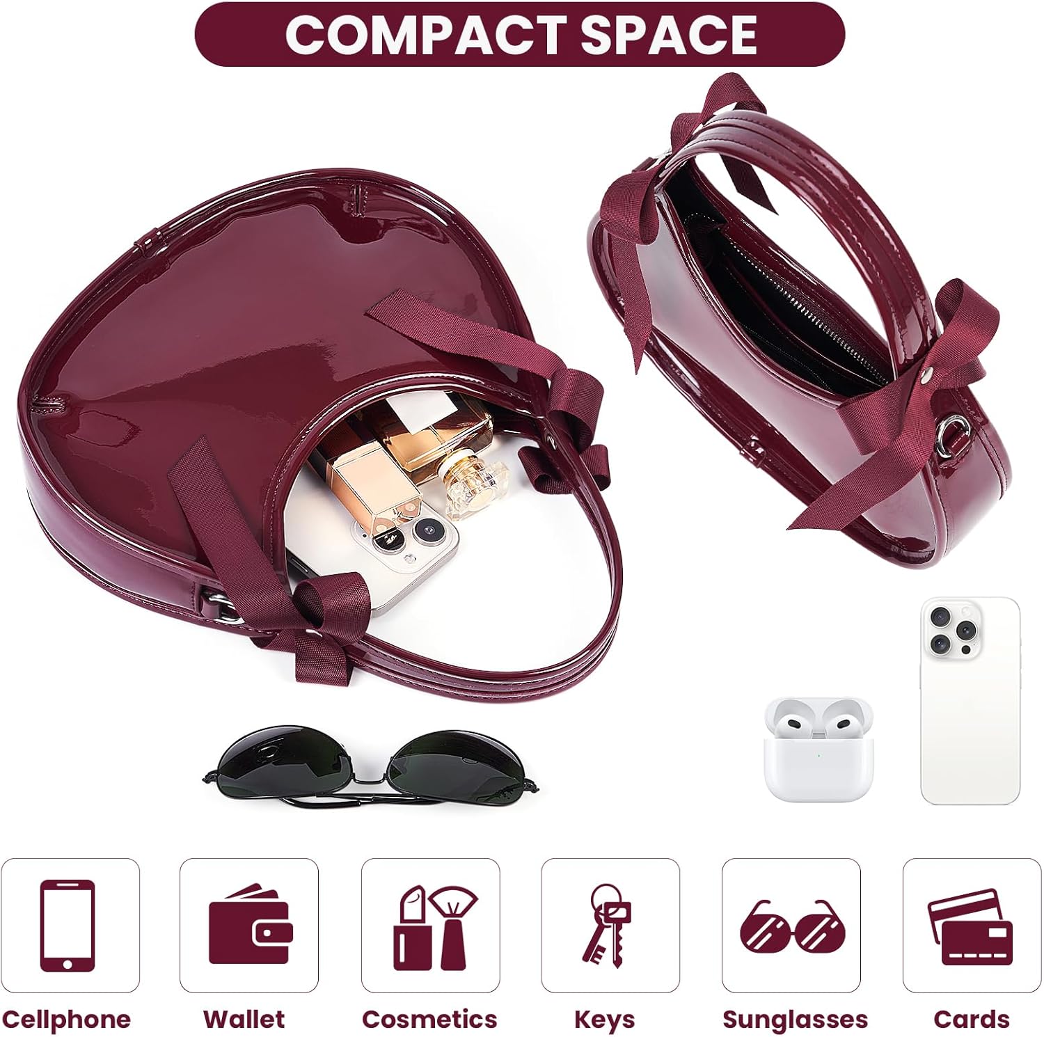 Burgundy Purse for Women Small Patent Leather Purse Y2k Shoulder Crossbody Bag Bow Tie Clutch Tote Purses