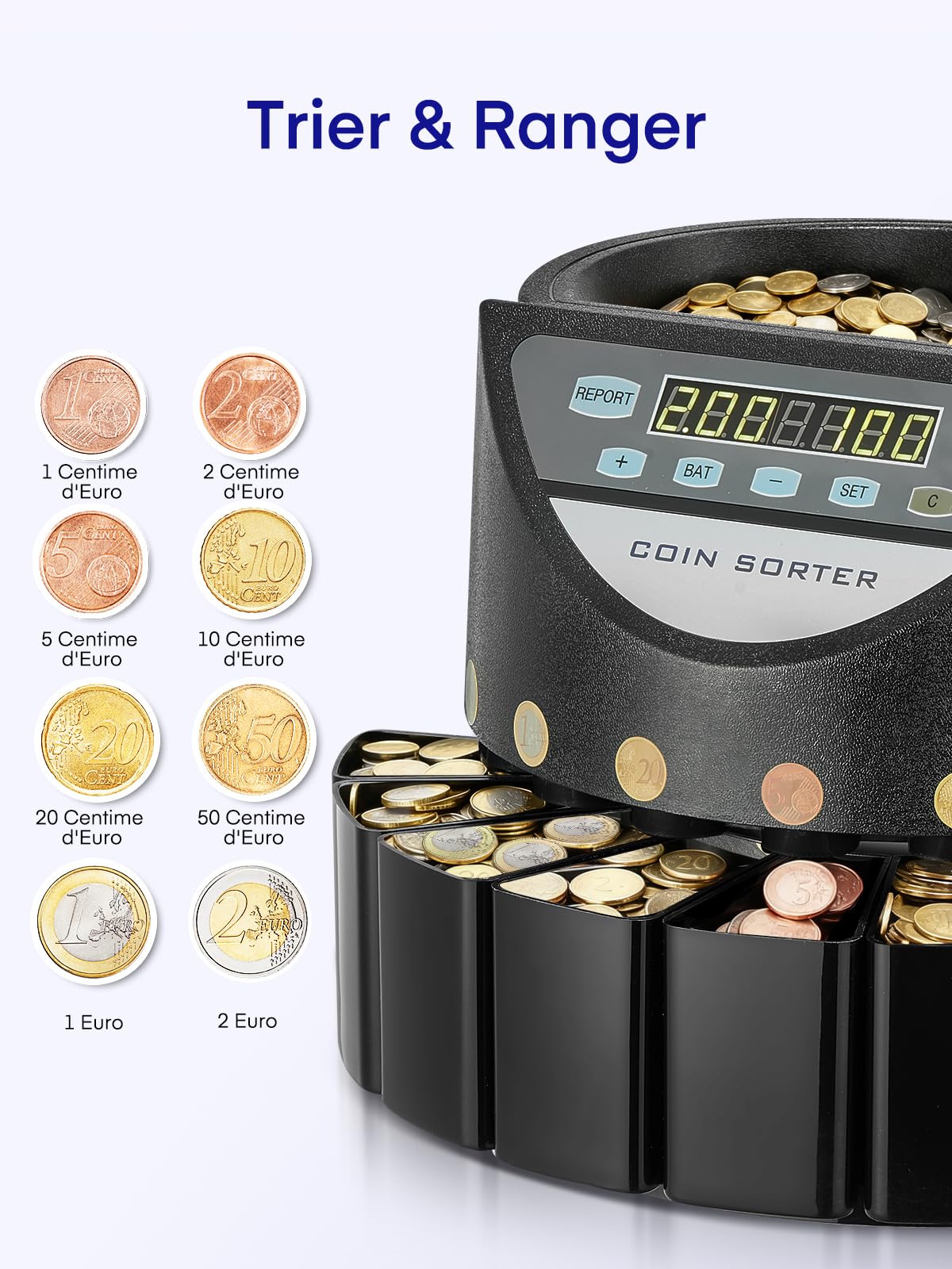Compteuse de Pièces Euro, Trieuse Monnaie 800 Pièces, Machine à Compter avec 8 Bacs, Noir