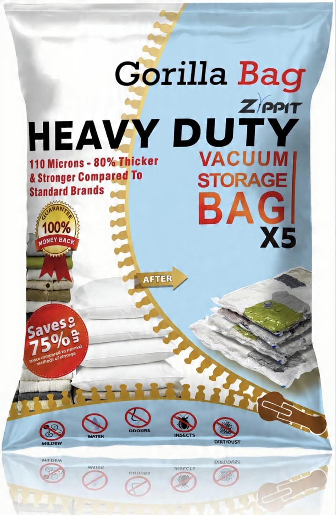 HEAVY DUTY 5 VACUUM STORAGE BAGS by Gorilla Bags, Extra Large 100x80cm. Extra Strong 110 Microns. Double Zip Seal & Unique Turbo Valve Keeps Items Compressed For Longer.