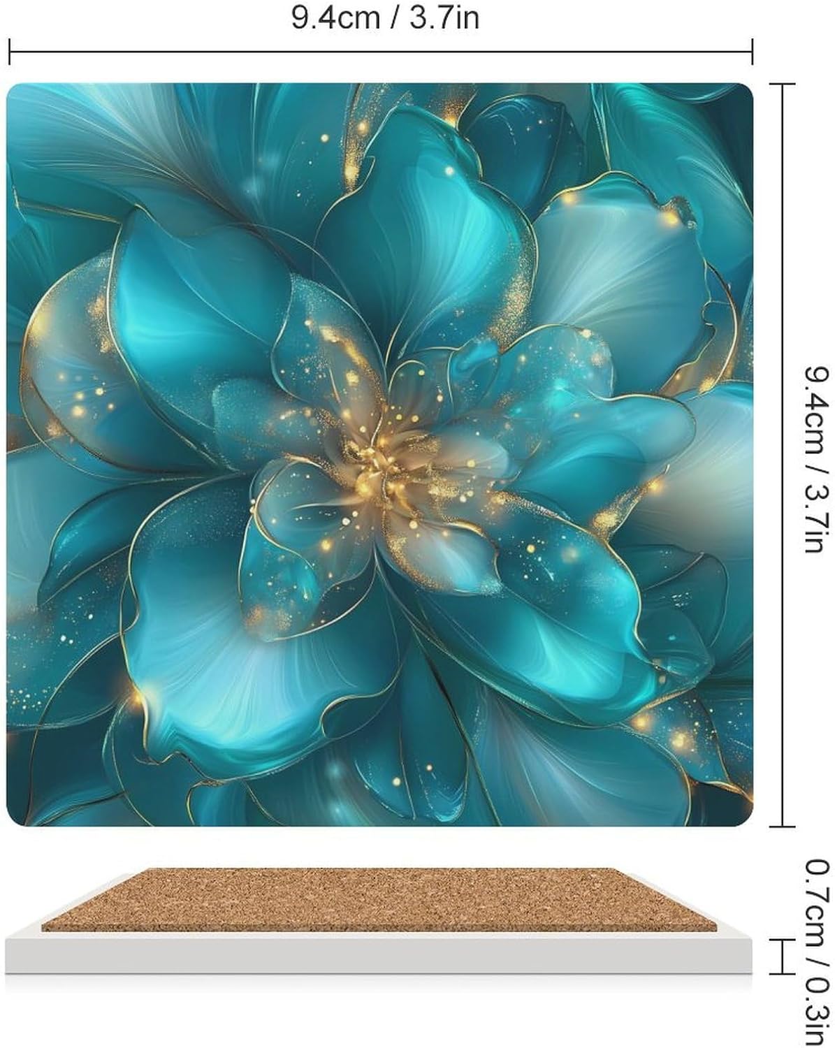 Turquoise Flowers Abstract Coasters for Drinks Square Table Coasters Set Cup Mats with Cork Base