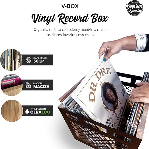 Miniatura 2 de Keep Them Spinning  Almacenamiento de discos de vinilo, caja de discos de vinilo LP para hasta 50 álbumes, caja de almacenamiento de madera maciza -
