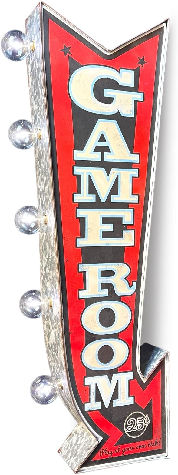 Game Room Double-Sided Marquee With Print And LED Bulbs Retro Inspired Decor For The Home (25” x 3” x 8”)