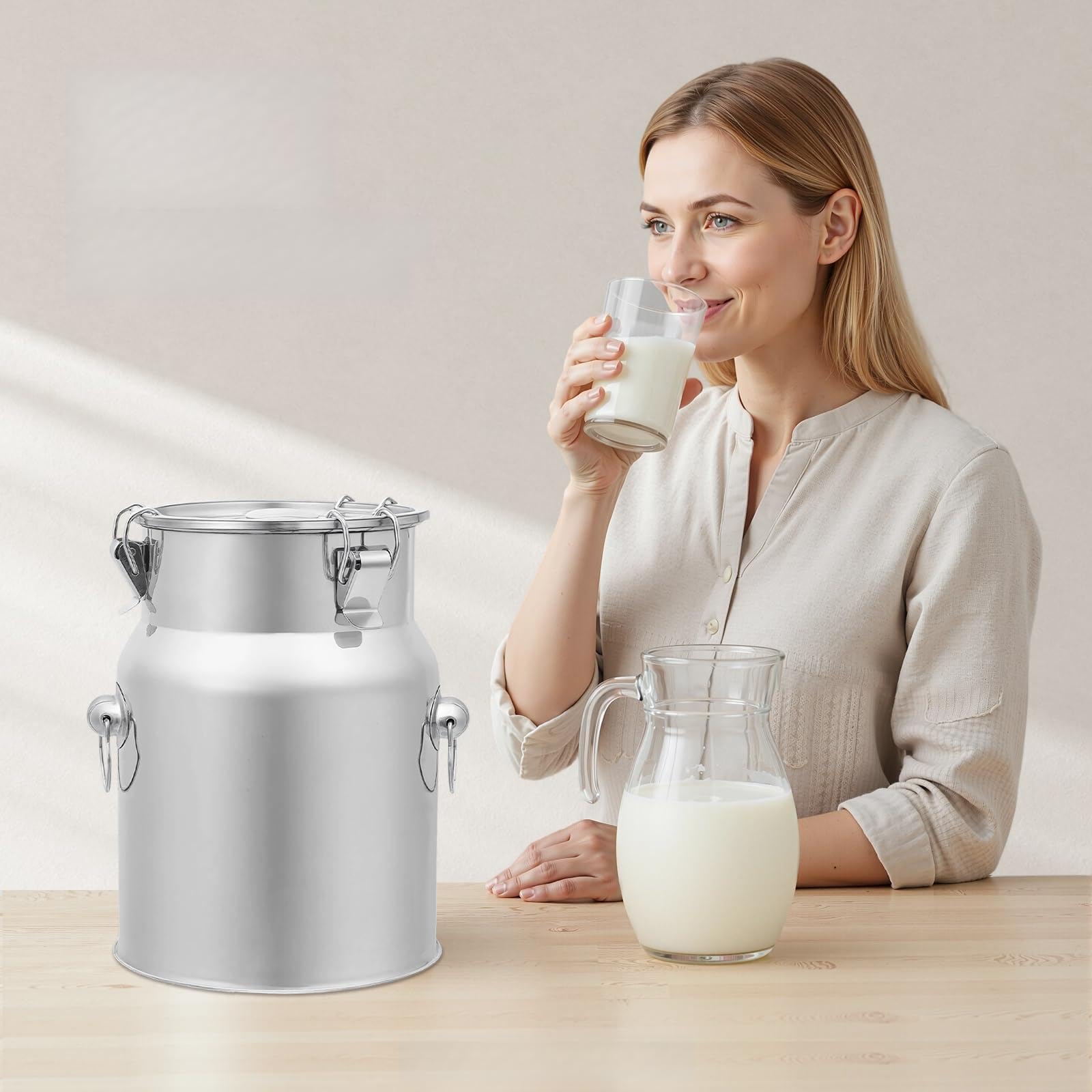 Bricco per latte da 5 l, senza rubinetto, chiusura ermetica, con coperchio ribaltabile, doppio manico, contenitore in metallo per alimenti, latte, olio, cereali, stoccaggio, trasporto, casa