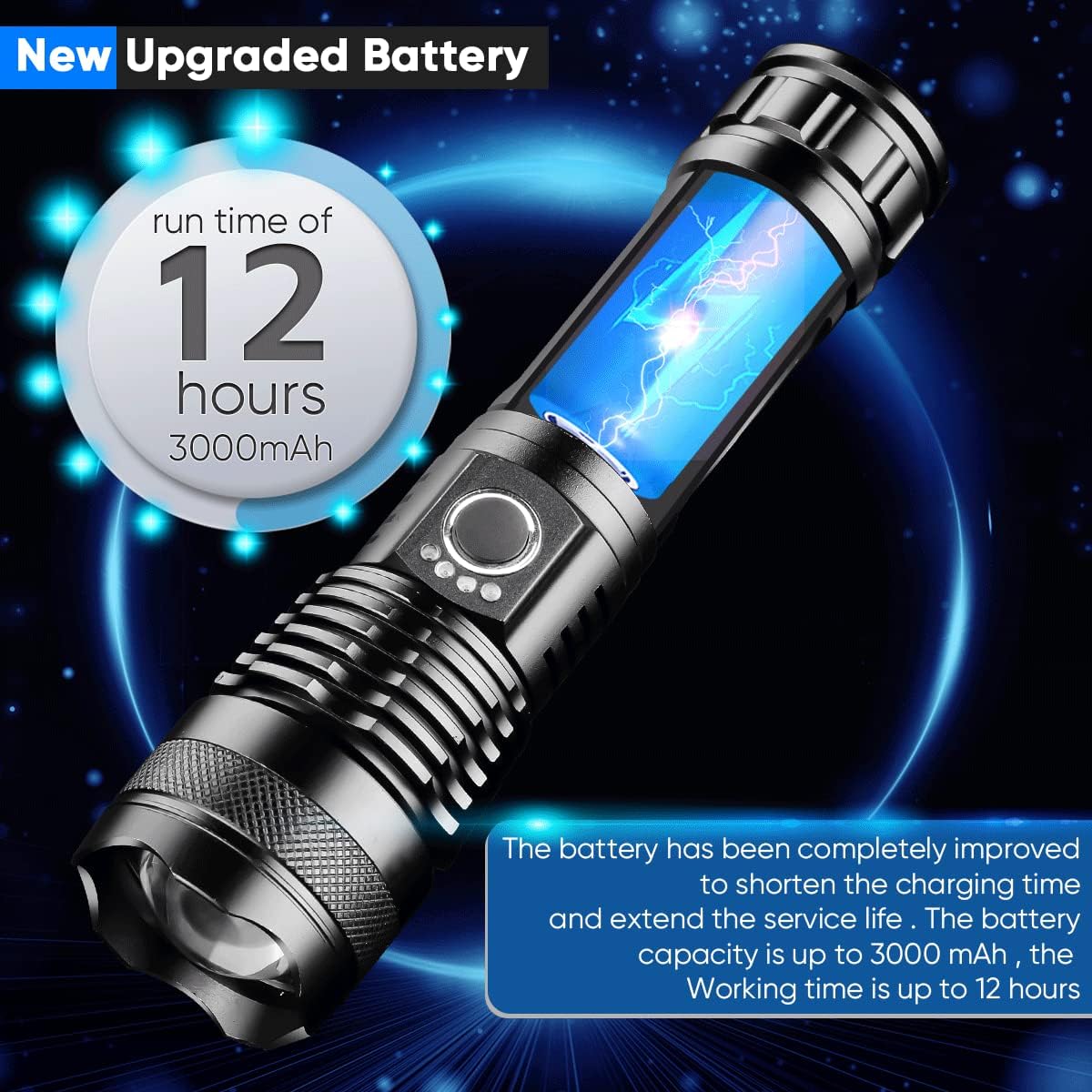 WholeFire XHP50 LED Flashlight highlighting 12 hours run time