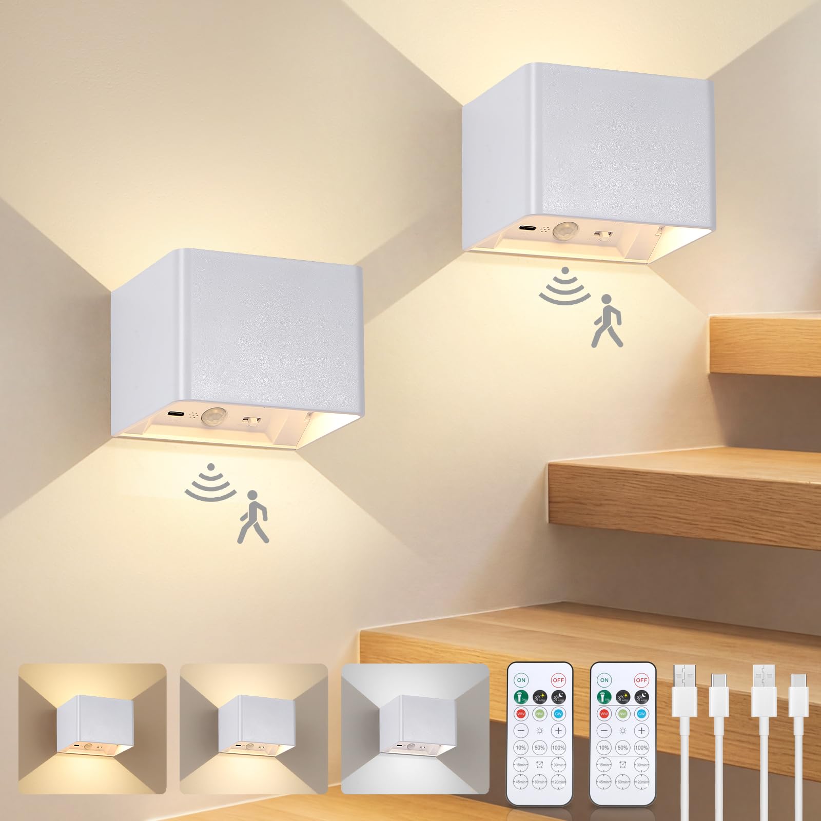 Kimjo Akku Wandleuchte Innen mit Fernbedienung, 5400mAh Weiß Wandlampe mit Bewegungsmelder, Wiederaufladbare Wandleuchten Ohne Stromanschluss, Up and Down Leuchten, Dimmbar & Timing Funktion