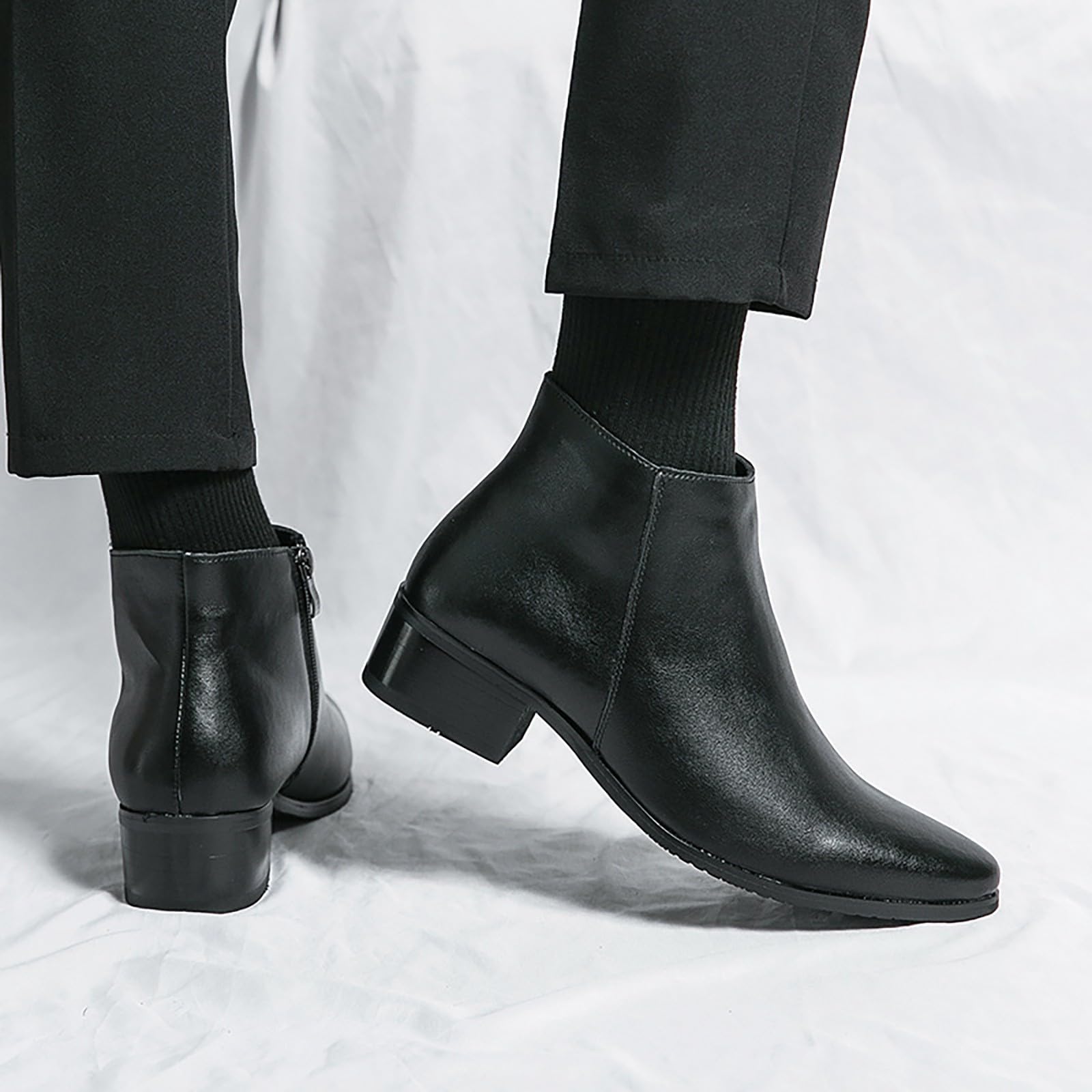 Stivaletti da uomo a punta con tacco basso in pelle sintetica di poliuretano, larghi, stivaletti da salotto per passeggiate all'aperto, scarpe Oxfords antiscivolo eleganti con cerniera laterale